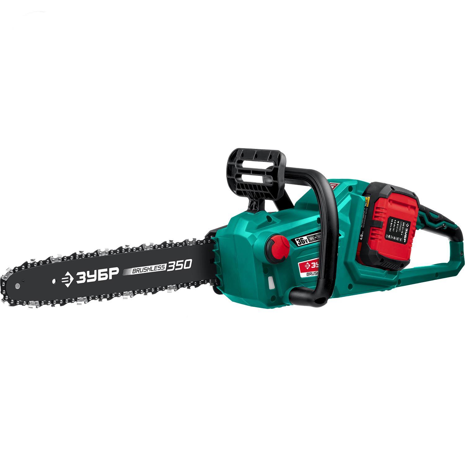 Изображение товара Аккумуляторная цепная пила Зубр Пцл-3635 36 В, шина 35 см, 2x4 Ач батареи, автомасло