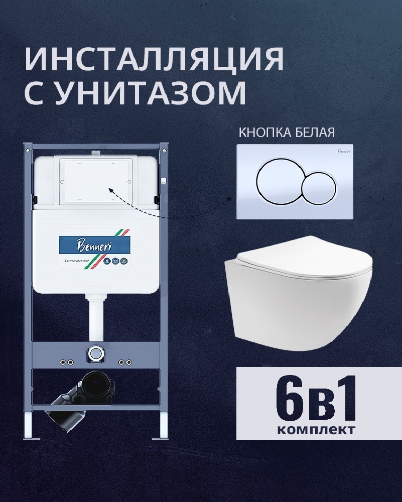 Изображение товара Комплект инсталляция и унитаз Benneri B4.53.019A.AQ1900 с кнопкой и сиденьем микролифт
