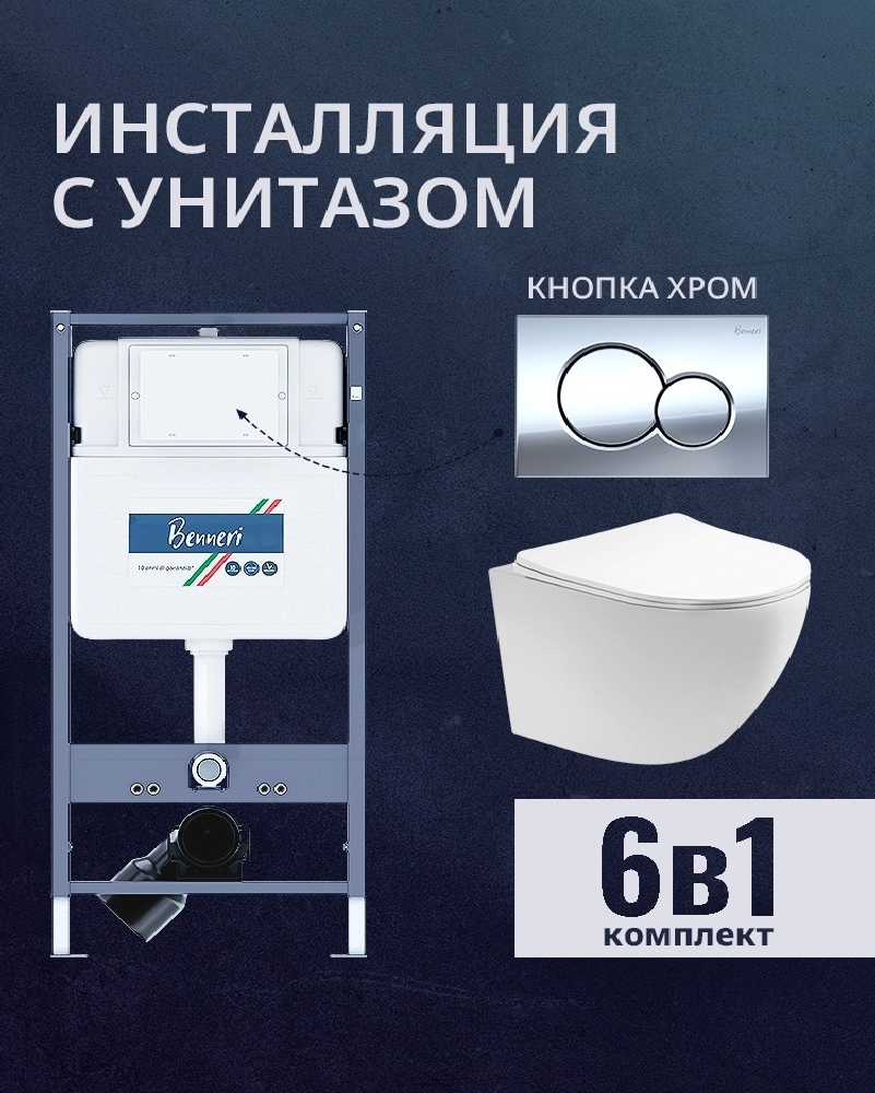 Изображение товара Комплект инсталляции и унитаза Benneri B4.53.019B.AQ1900 с седеньем микролифт и кнопкой хром