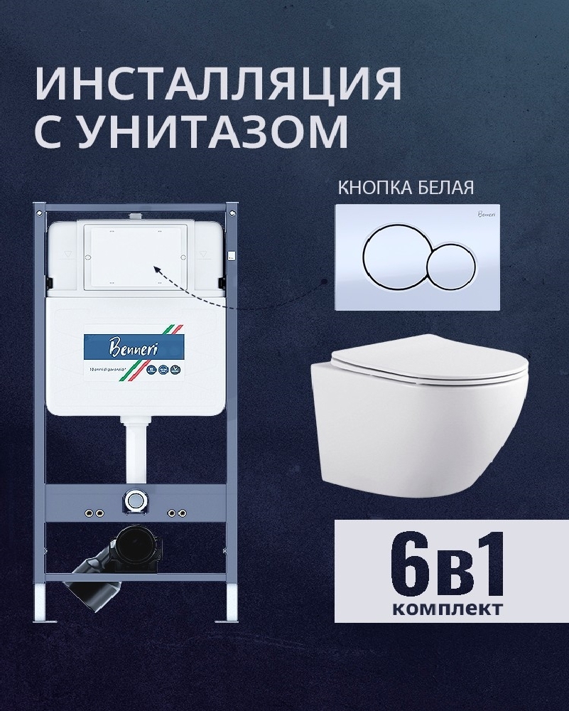 Изображение товара Комплект инсталляции и унитаза Benneri B4.53.019A.AQ1901 с сиденьем микролифт и кнопкой