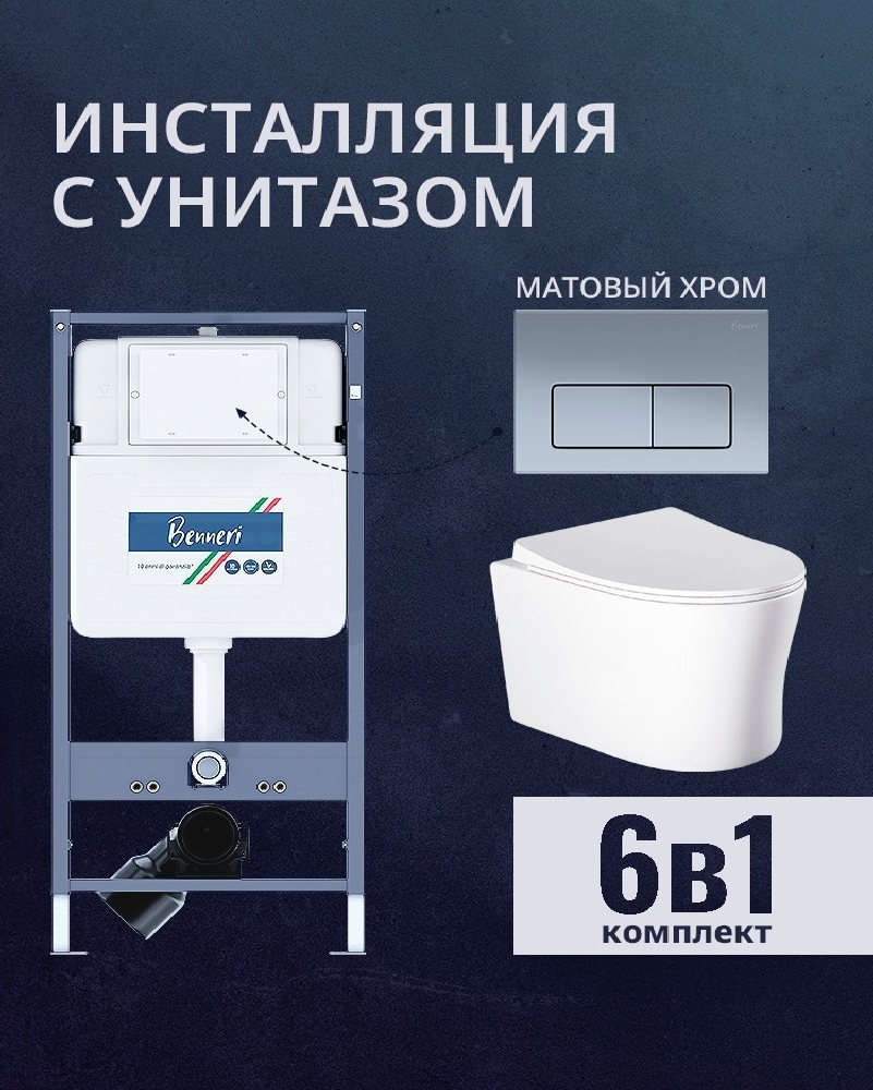 Изображение товара Комплект инсталляция и унитаз Benneri B4.53.015C.AQ2009 с кнопкой и сиденьем микролифт