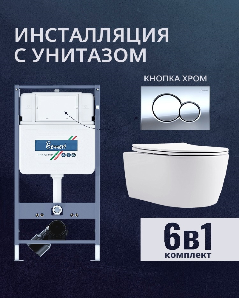 Изображение товара Комплект инсталляция и унитаз Benneri B4.53.019B.AQ1106 с кнопкой и сиденьем микролифт