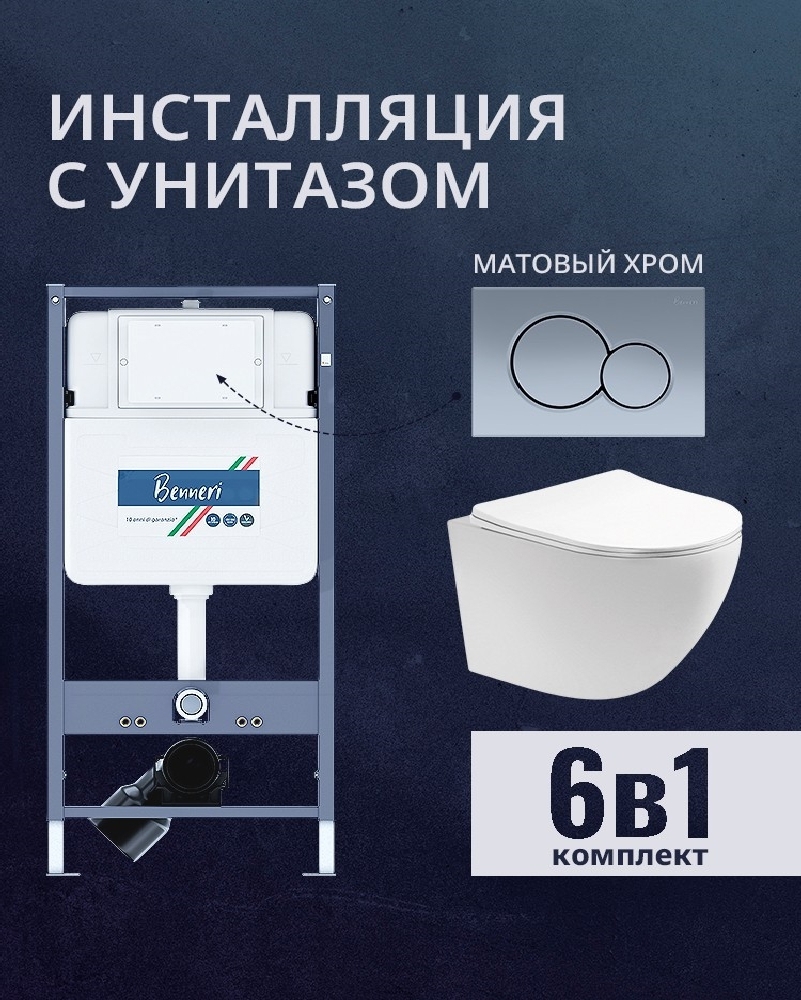 Изображение товара Комплект инсталляция и унитаз Benneri B4.53.019C.AQ1900 с кнопкой и сиденьем микролифт