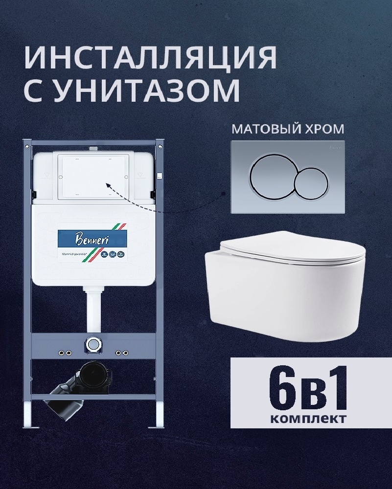 Изображение товара Комплект инсталляции и унитаза Benneri B4.53.019C.AQ2004 с сиденьем микролифт и кнопкой хром