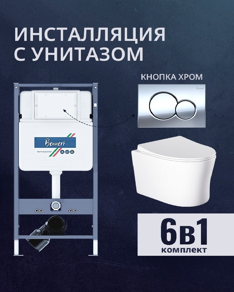 Изображение товара Комплект инсталляция и унитаз Benneri B4.53.019B AQ2009 с кнопкой и сиденьем микролифт