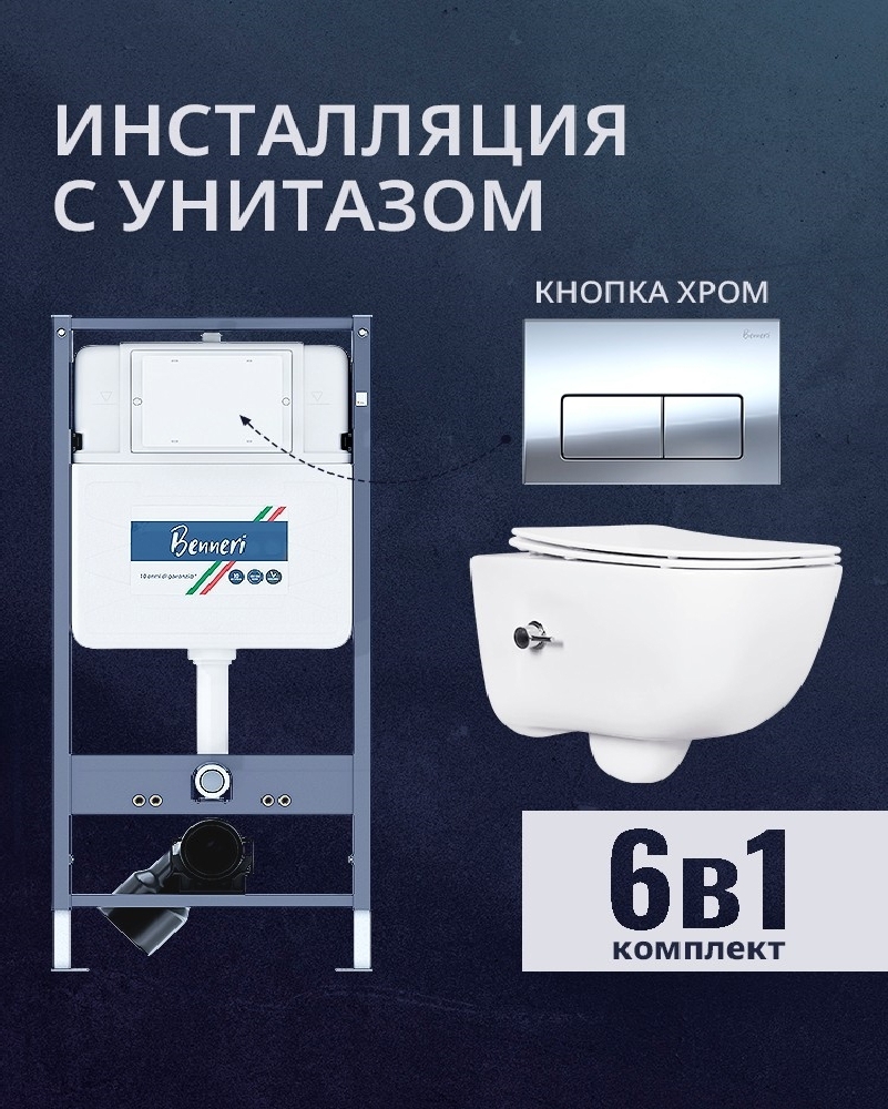 Изображение товара Комплект инсталляции и унитаз Benneri B4.53.015B с сиденьем микролифт и кнопкой хром