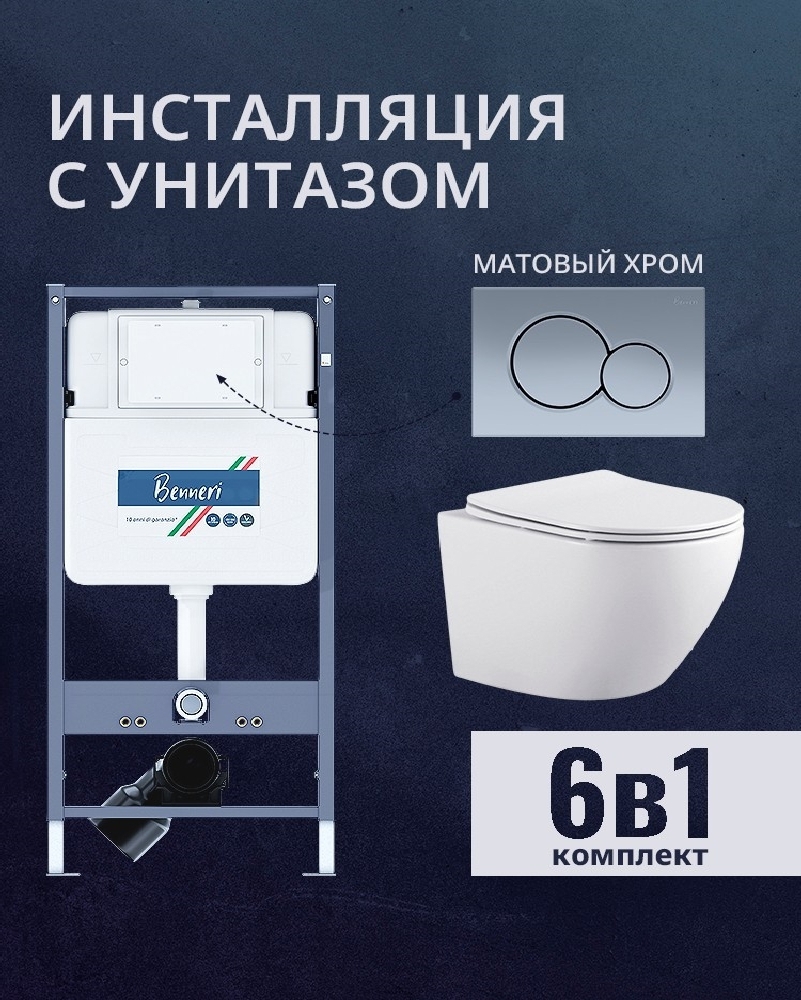 Изображение товара Комплект инсталляция и унитаз Benneri B4.53.019C.AQ1901 с сиденьем микролифт