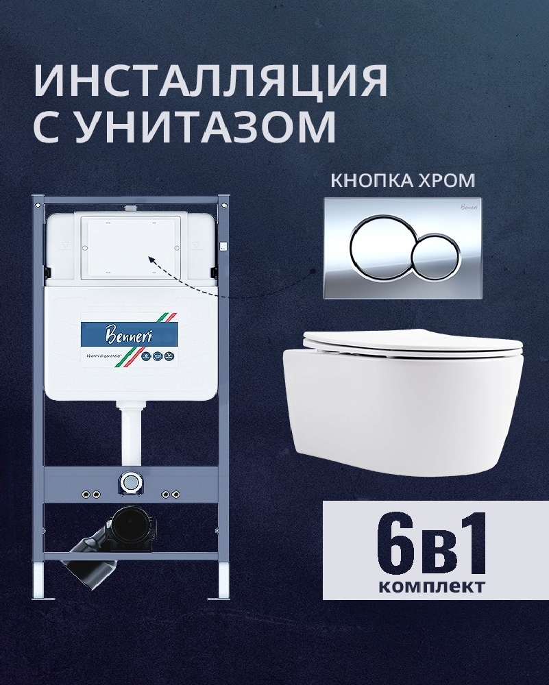 Изображение товара Комплект инсталляции и унитаза Benneri с кнопкой и сиденьем микролифт
