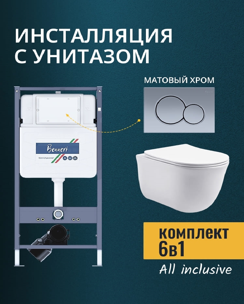 Изображение товара Комплект инсталляция и унитаз Benneri B4.53.019C.AQ1111 с кнопкой и сиденьем микролифт