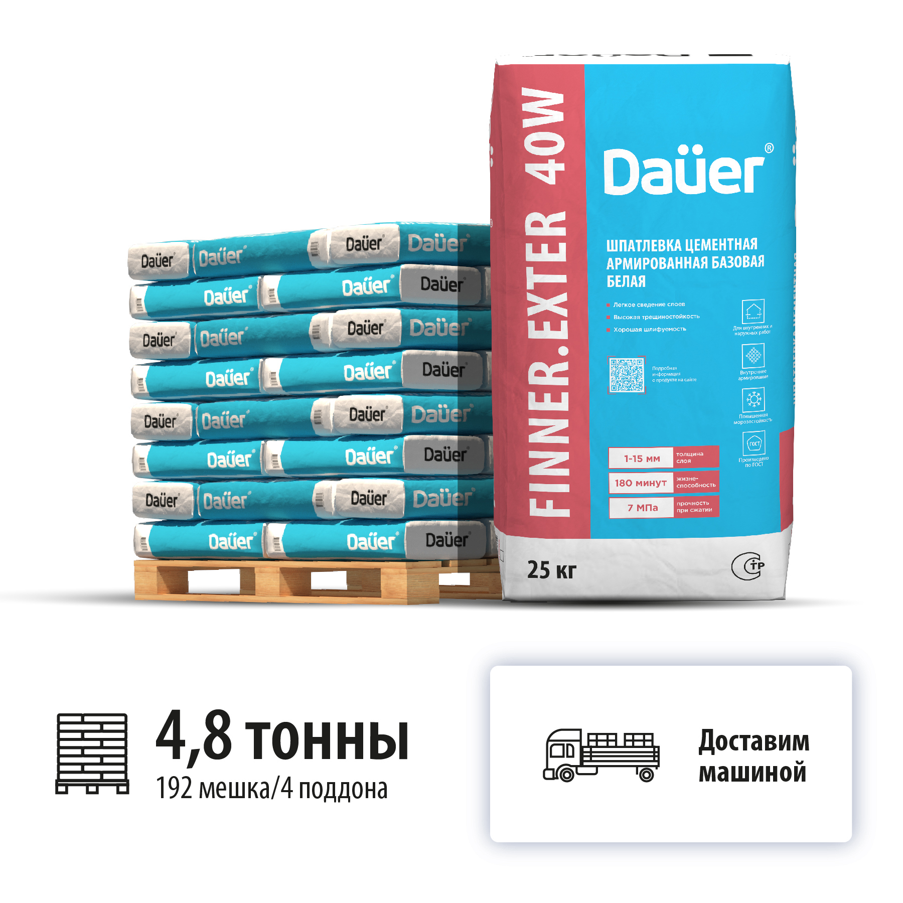 Изображение товара Шпатлевка цементная армированная базовая Dauer Finner Exter 40W цвет белый комплект 25кг x 192шт машиной без выгрузки