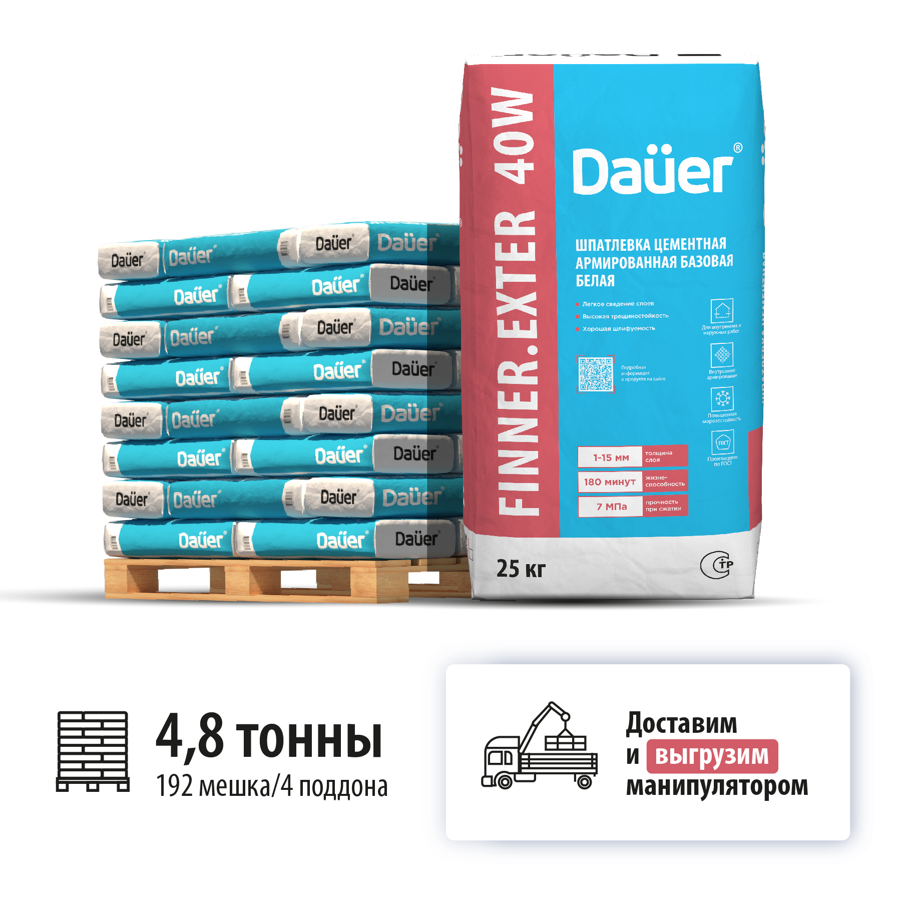 Изображение товара Цементная шпатлёвка DAÜER Finner Exter 40W армированная для фасадных и внутренних работ Изображение товара Цементная шпатлёвка DAÜER Finner Exter 40W армированная для фасадных и внутренних работ