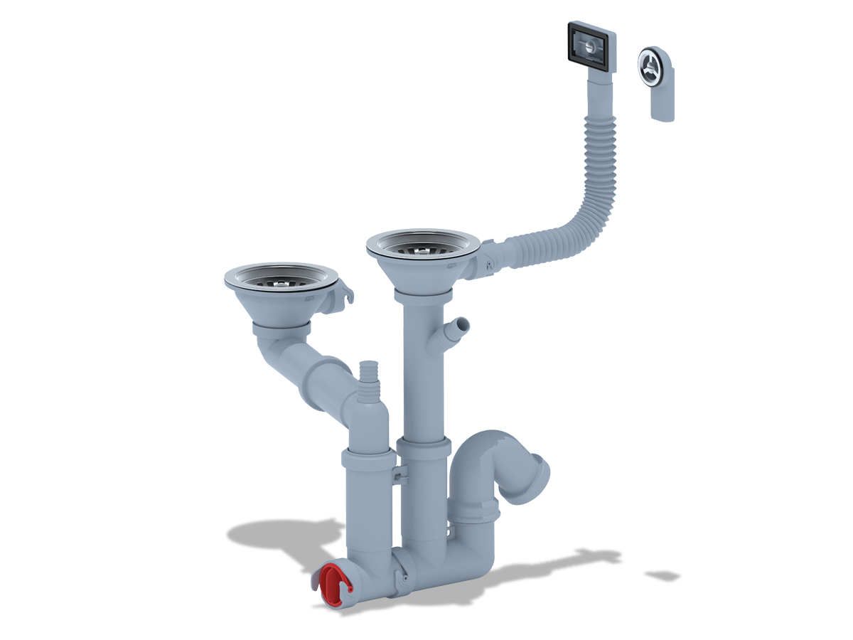 Изображение товара Сифон для мойки АНИ Пласт F серия D90 мм серый с отводом для стиральной машины