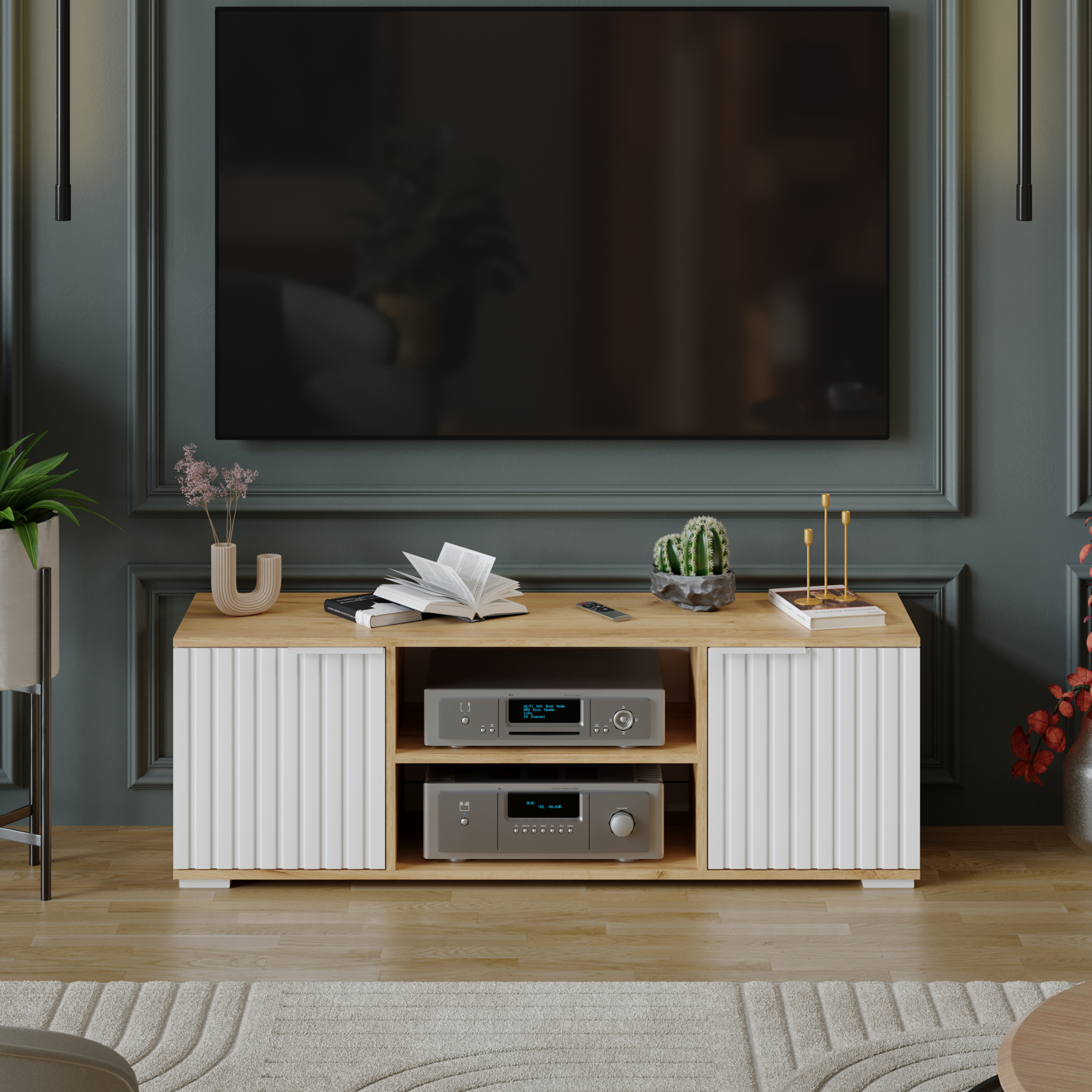 Изображение товара Тумба под телевизор Трия 251861 134x45x37 см белый матовый дуб крафт золотой