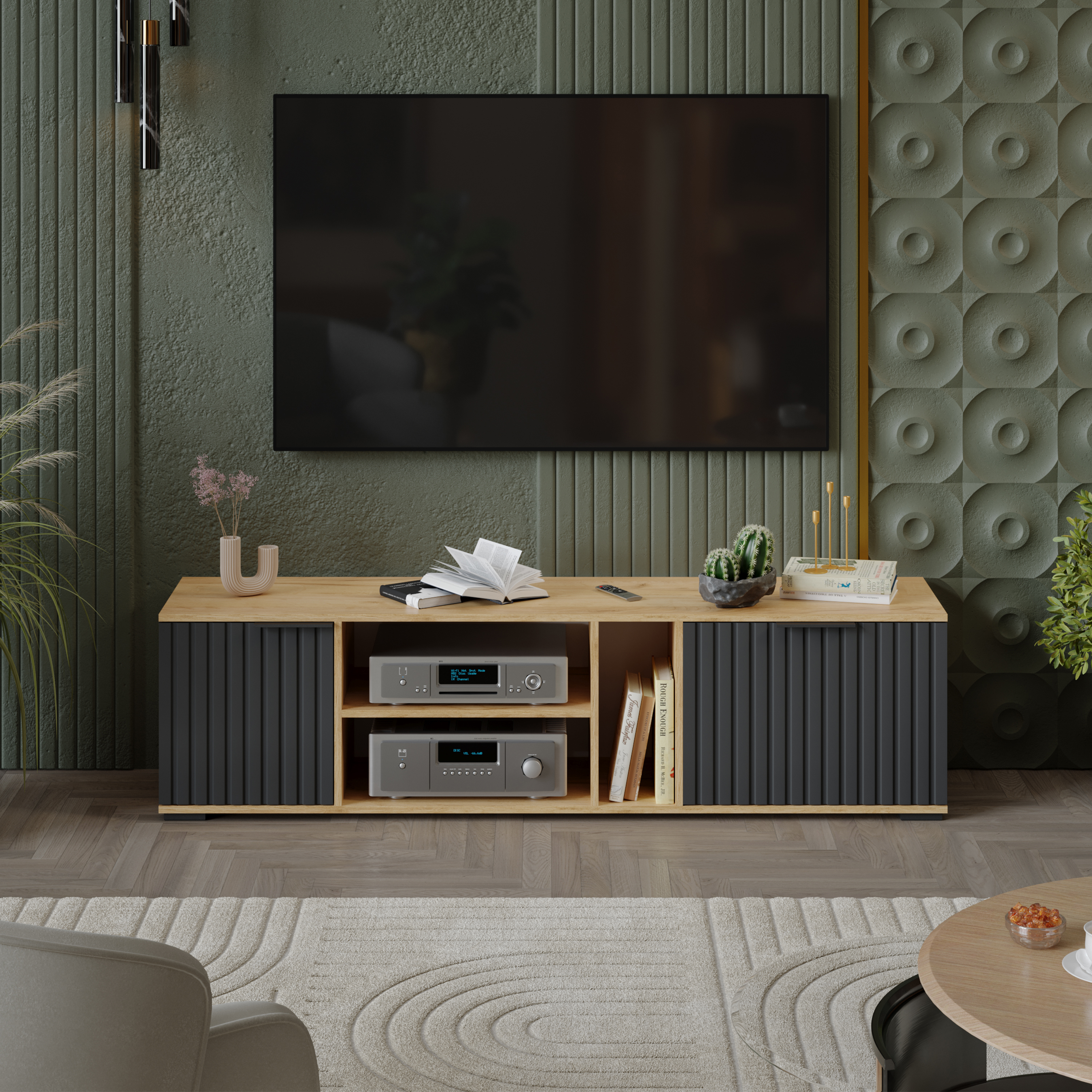 Изображение товара Тумба под телевизор Трия 251889 171x45x37 см ЛДСП цвет графит/дуб крафт золотой