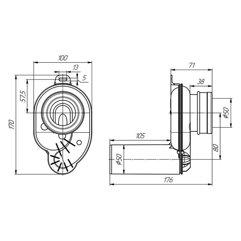 Изображение товара Сифон для писсуара АНИ ПЛАСТ U0605 с горизонтальным выходом Ø50 мм пластик Россия