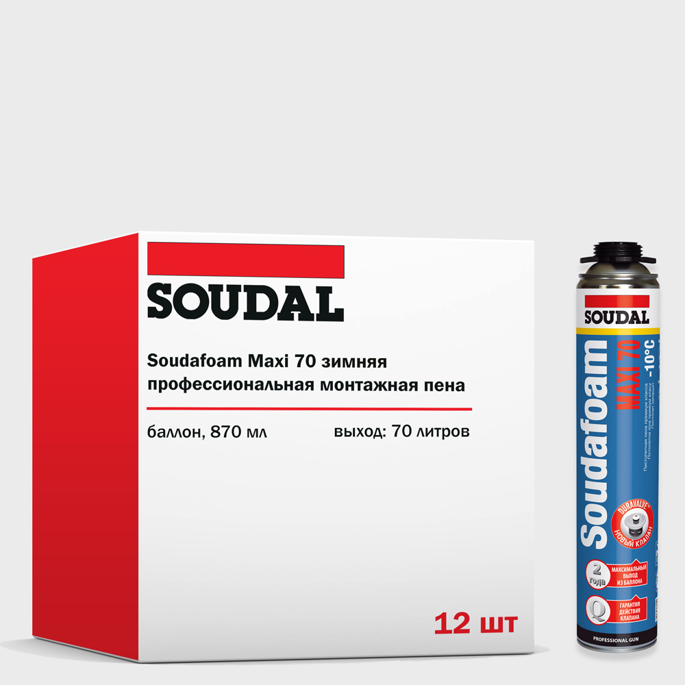 Изображение товара Пена монтажная Soudal Soudafoam Maxi 70 профессиональная выход 70 л зимняя 870 мл 12 шт Изображение товара Пена монтажная Soudal Soudafoam Maxi 70 профессиональная выход 70 л зимняя 870 мл 12 шт