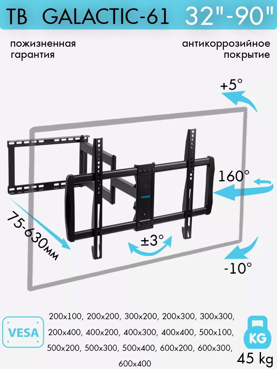 Изображение товара Кронштейн для крепления телевизора Kromax Galactic-61 45 кг сталь черный