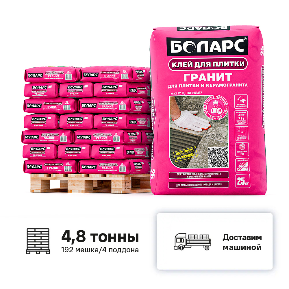 Изображение товара Клей для плитки Боларс Гранит класс C1TE цвет серый комплект 25кг x 192шт с доставкой машиной без выгрузки