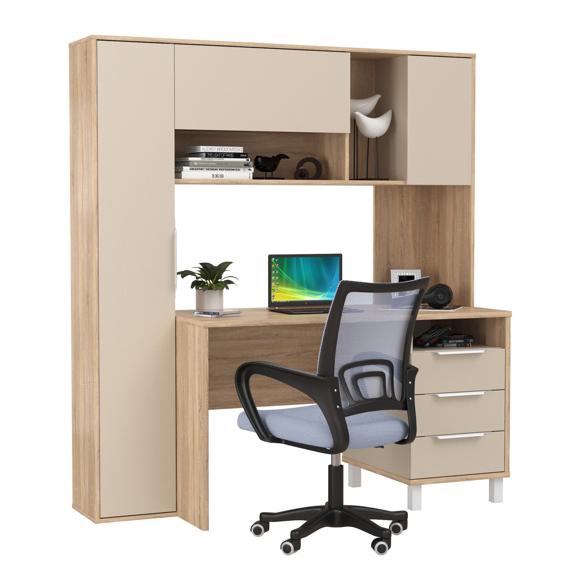 Изображение товара Стол офисный с креслом Mobi Комфорт 12.95N 162x180x60 см ЛДСП цвет серый/дуб сонома/сатин