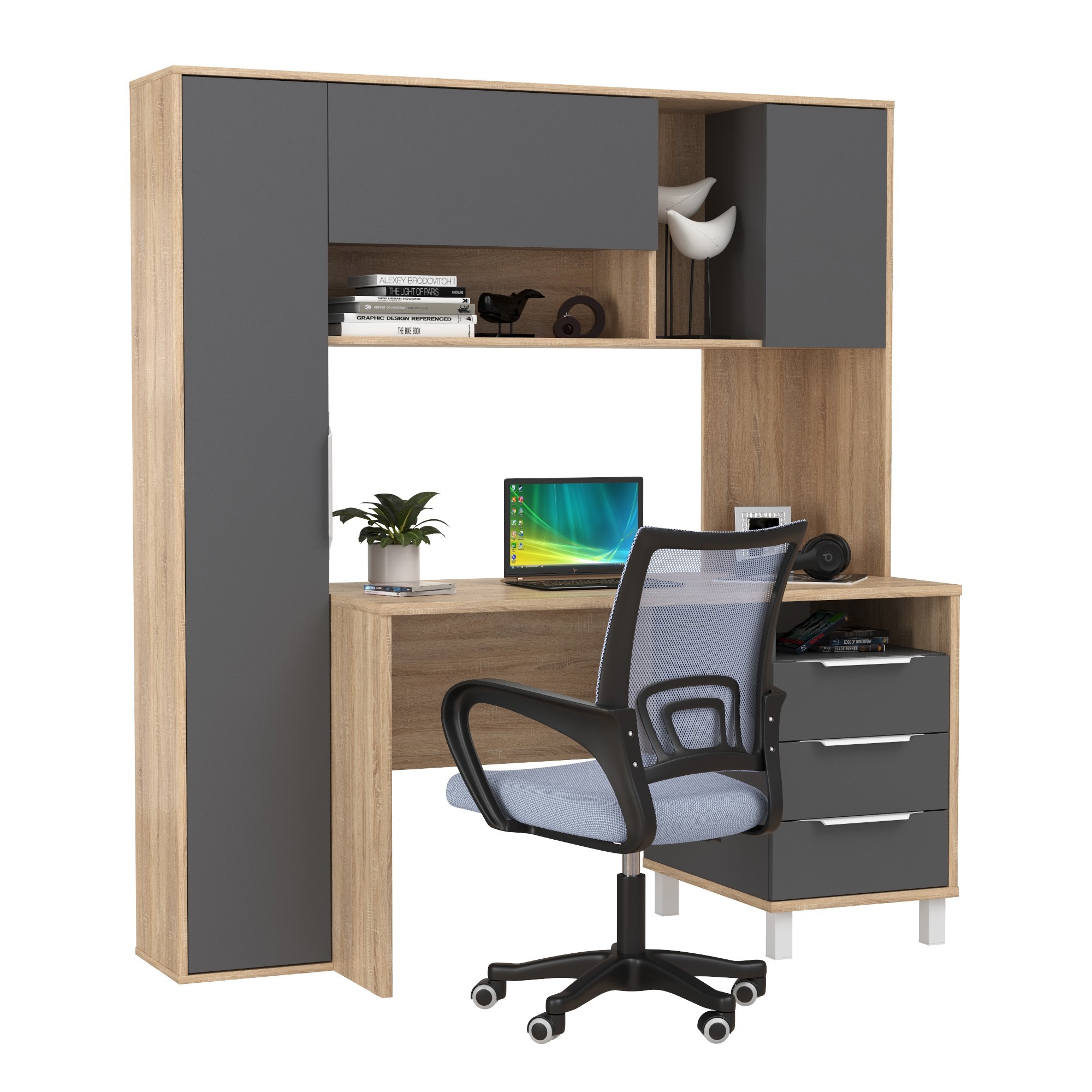 Изображение товара Стол офисный с креслом Mobi Комфорт 12.95N 162x180x60 см ЛДСП цвет серый/дуб сонома/темно-серый