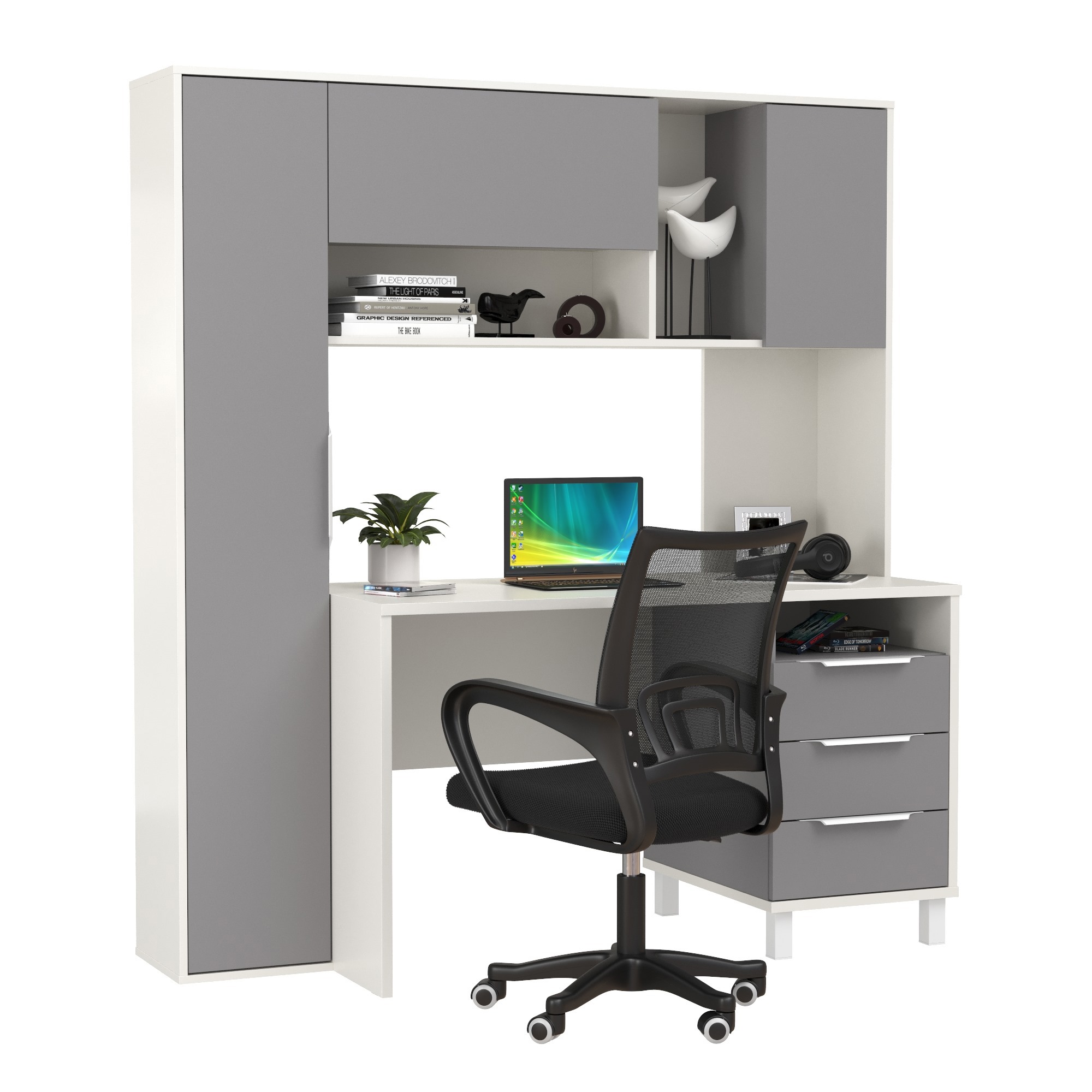 Изображение товара Стол офисный с креслом Mobi Комфорт 12.95N 162x180x60 см ЛДСП цвет белый/серый шифер/черный