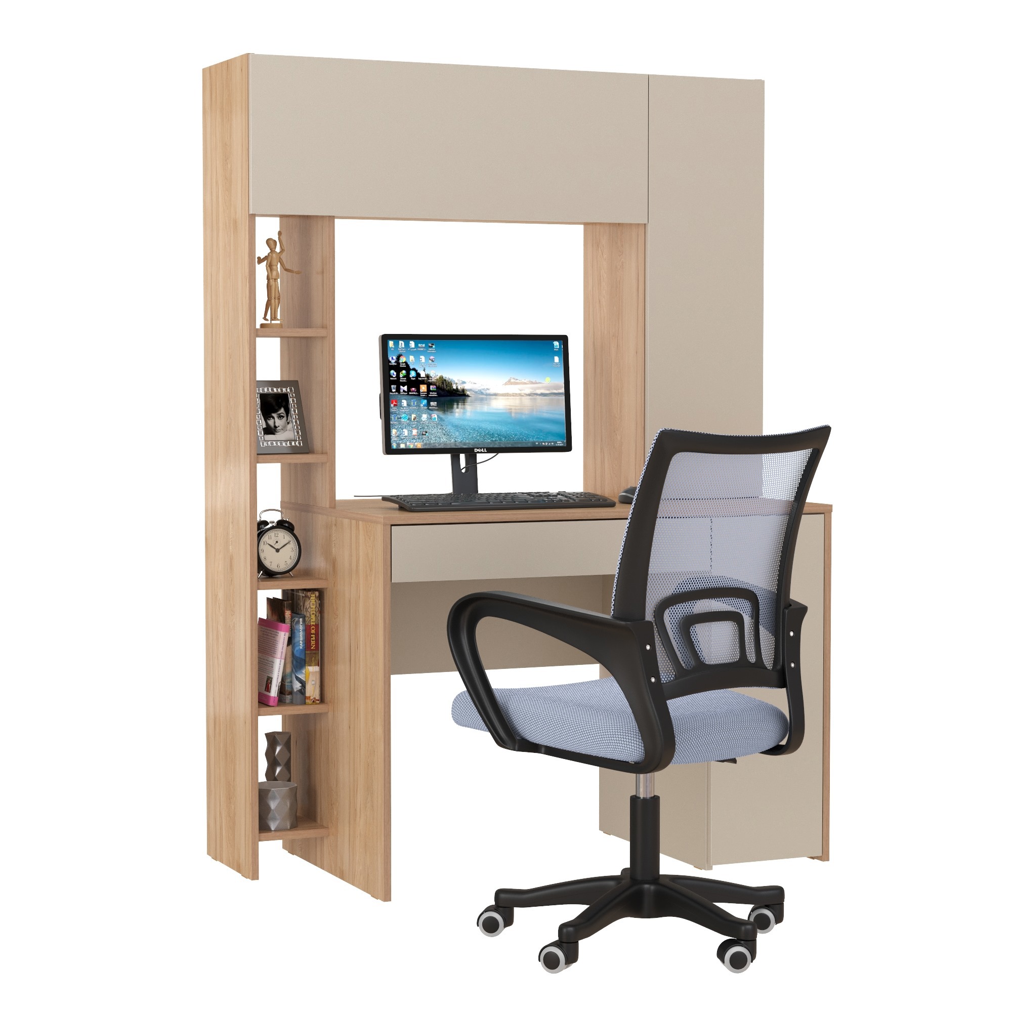 Изображение товара Стол офисный с креслом Mobi Комфорт 12.71 117x165x60 см ЛДСП цвет гикори рокфорд натуральный/сатин