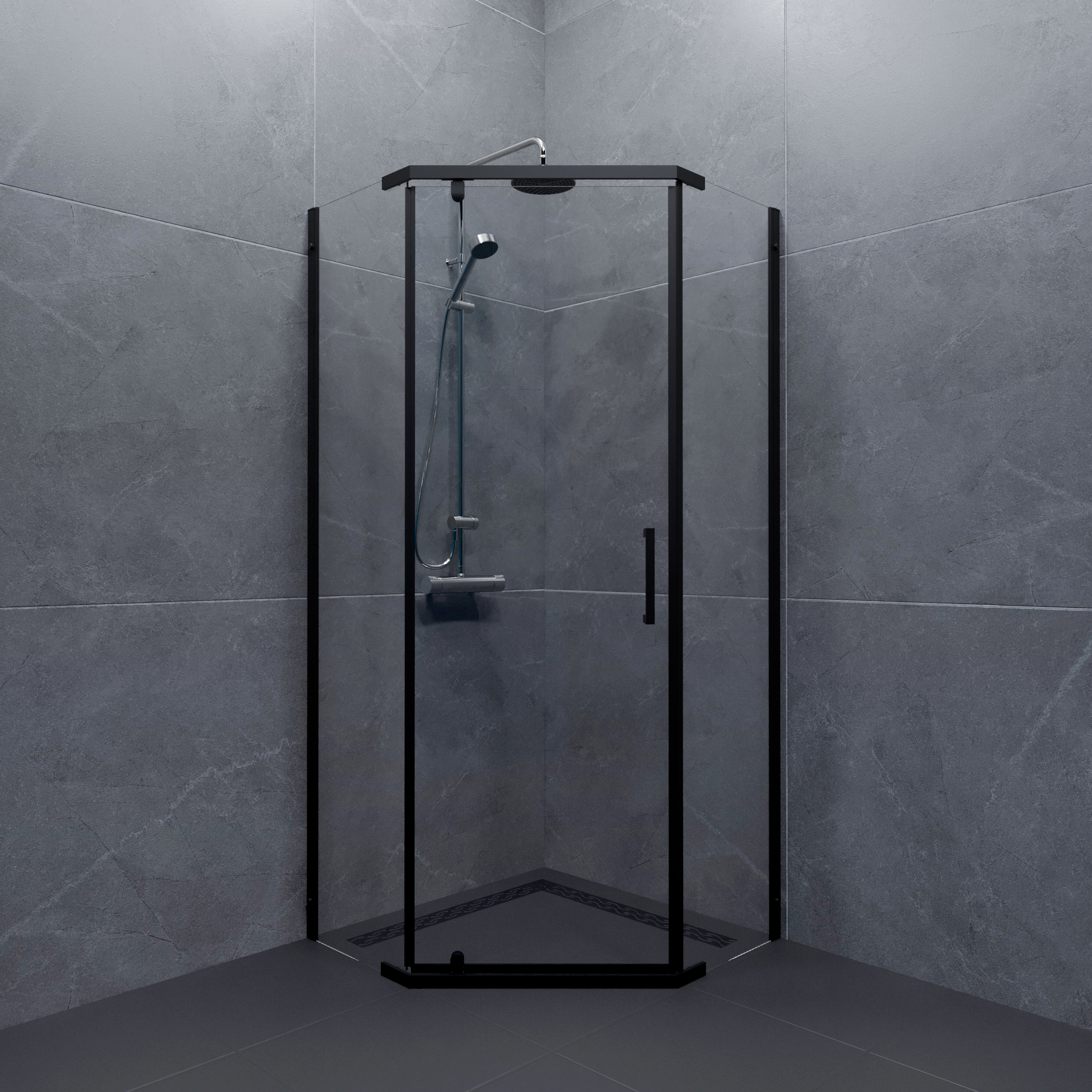 Изображение товара Душевая ширма Грета Triton пятиугольная 90x90x190см цвет профиля черный распашная стекло 6мм прозрачное