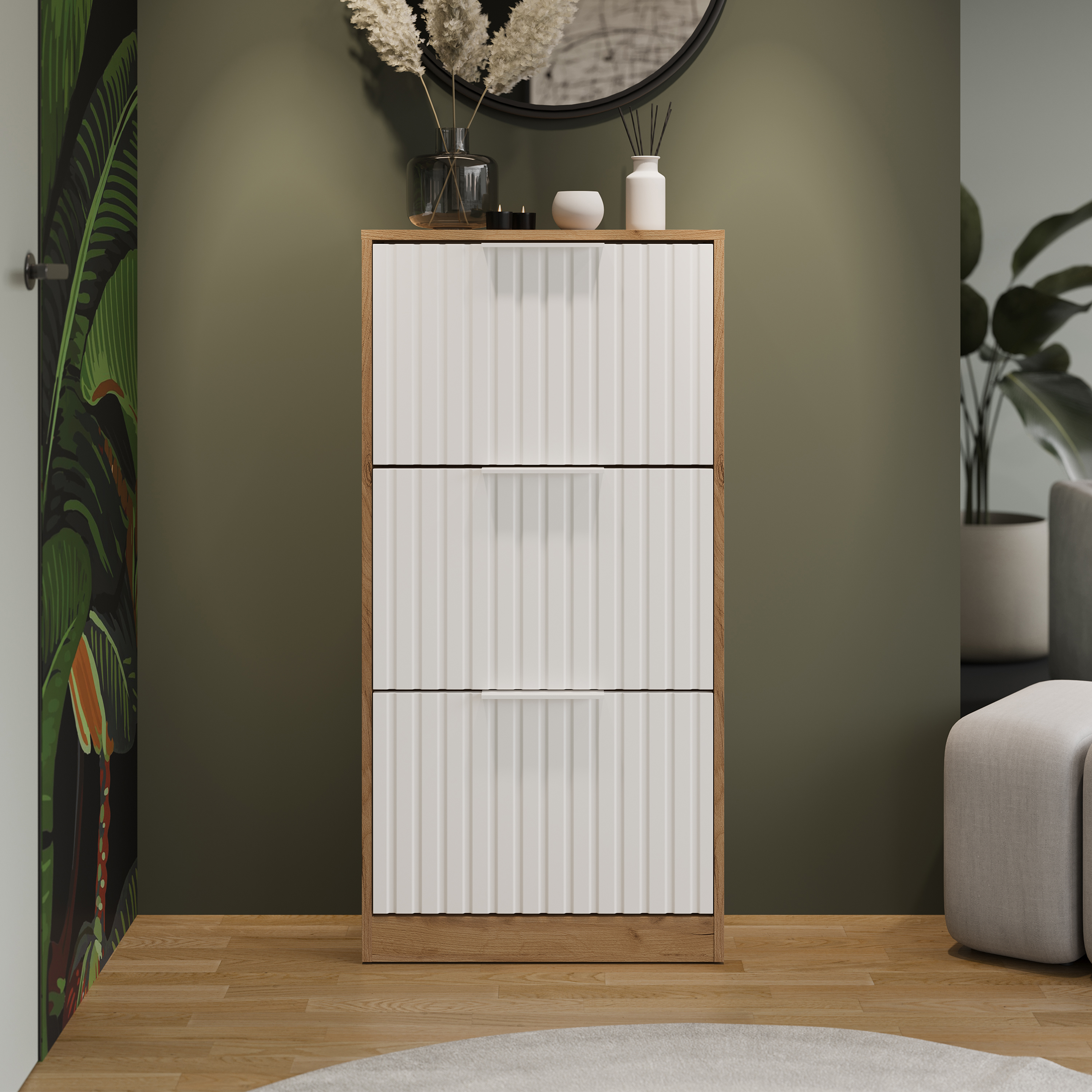 Изображение товара Шкаф для обуви Трия 58x118x25 см из ЛДСП с 3 полками в цвете дуб крафт золотой/белый матовый