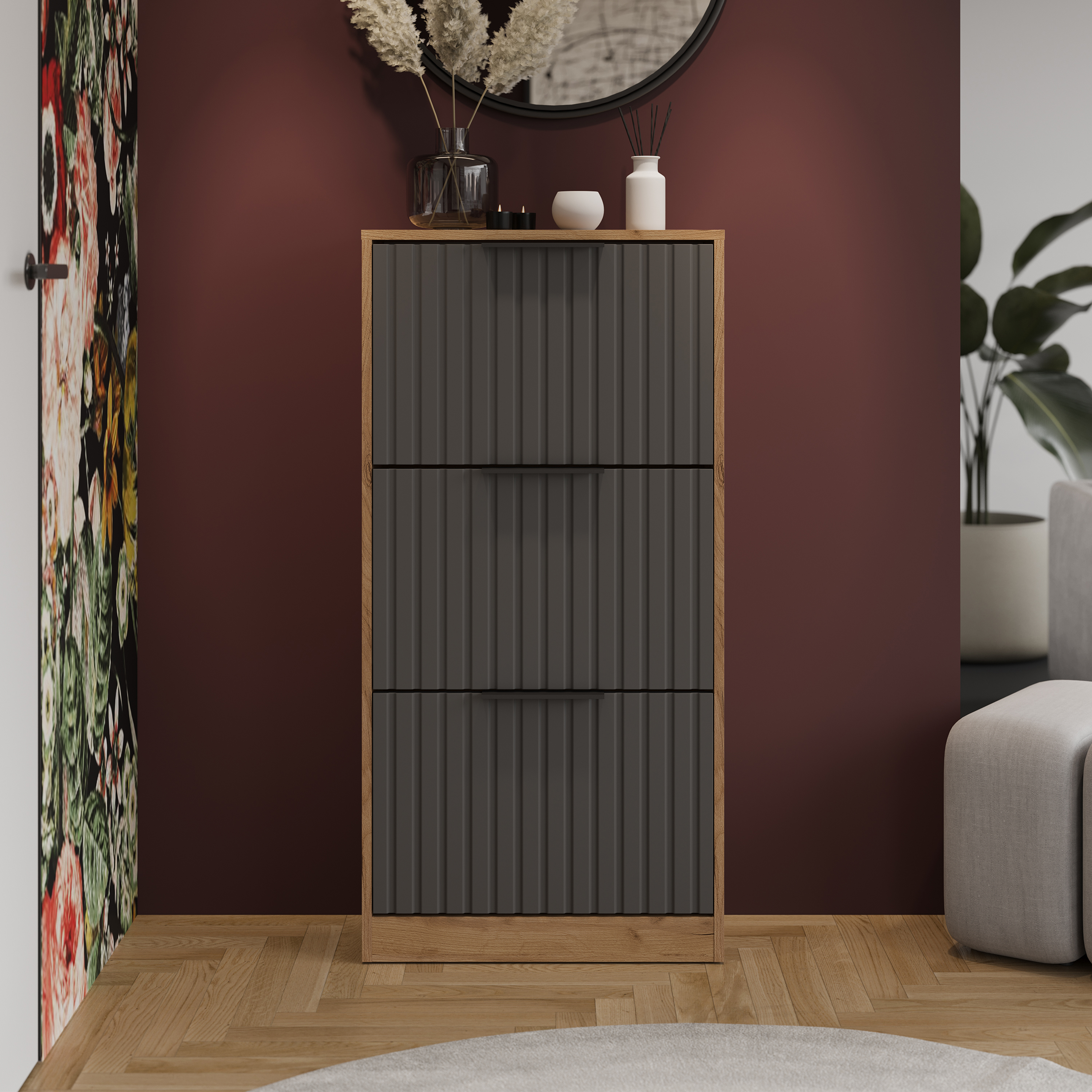 Изображение товара Шкаф для обуви Трия 58x118x25 см 3 полки ЛДСП цвет графит/дуб крафт золотой