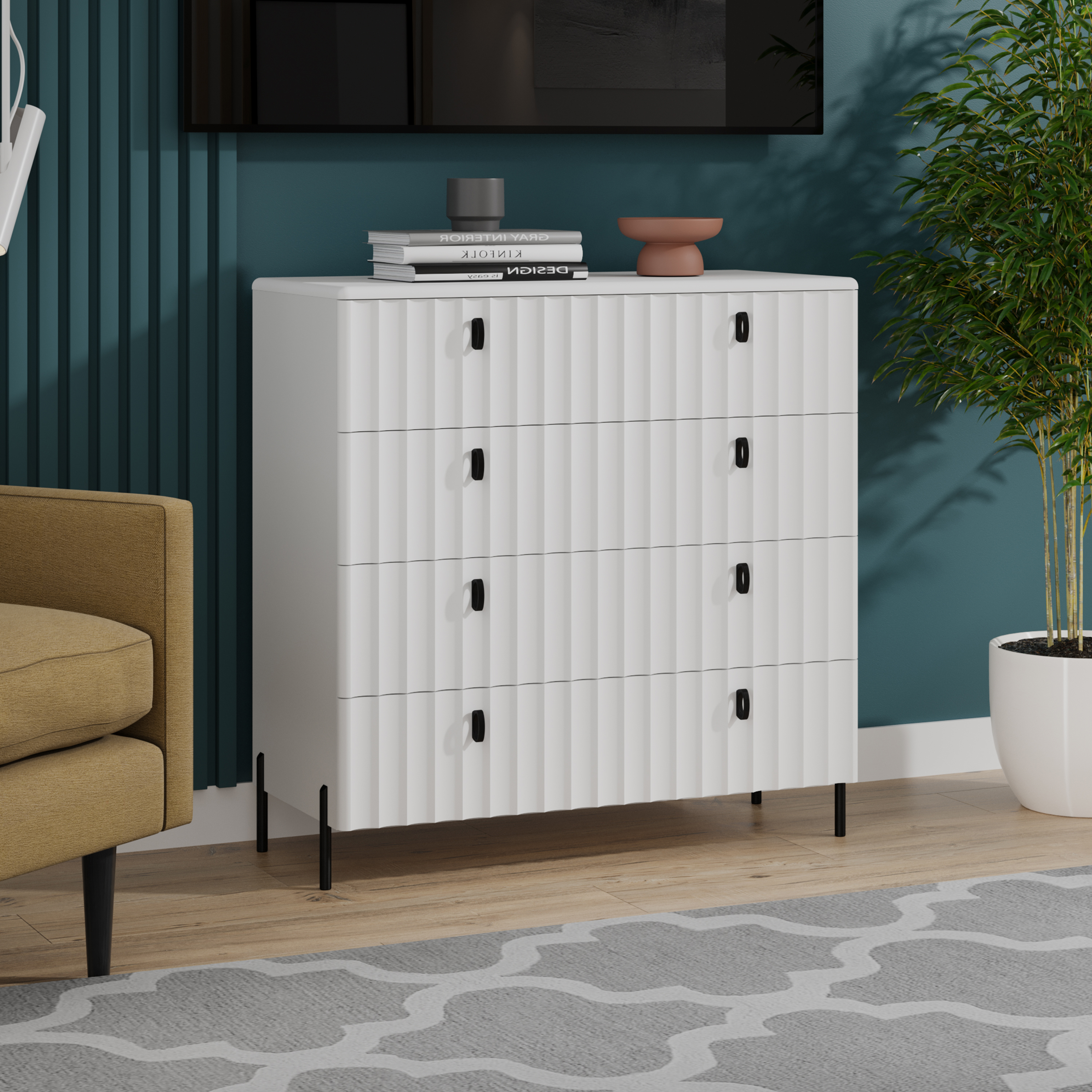 Изображение товара Комод Трия Тиффани 4 ящика 91х41х93 см из ЛДСП белый жемчуг современный дизайн