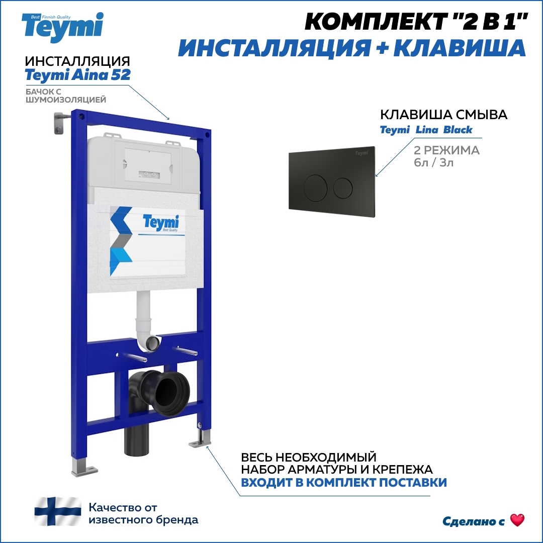 Изображение товара Инсталляция для унитаза TEYMI T70704 с клавишей LINA T70103BM черная 3/6 л