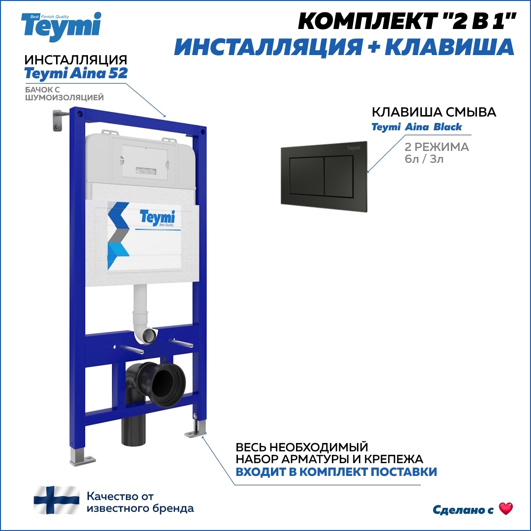 Изображение товара Инсталляция для унитаза TEYMI T70706 2в1 с клавишей смыва черный