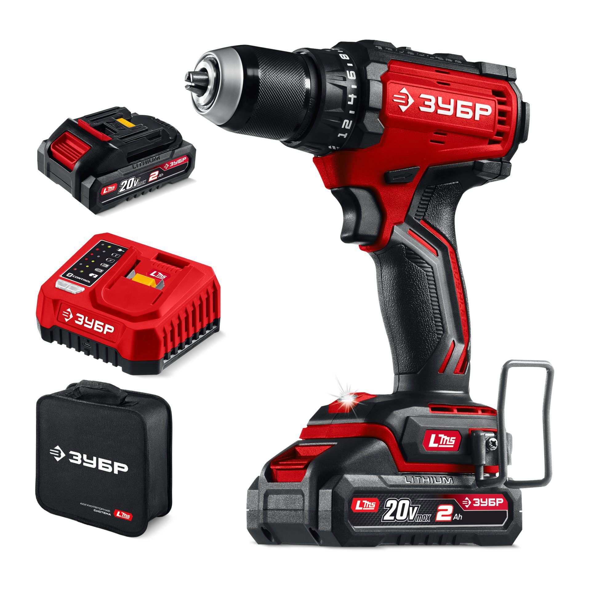 Изображение товара Аккумуляторная бесщеточная дрель-шуруповерт Зубр ДБ-65-22 20 В 2x2 Ач