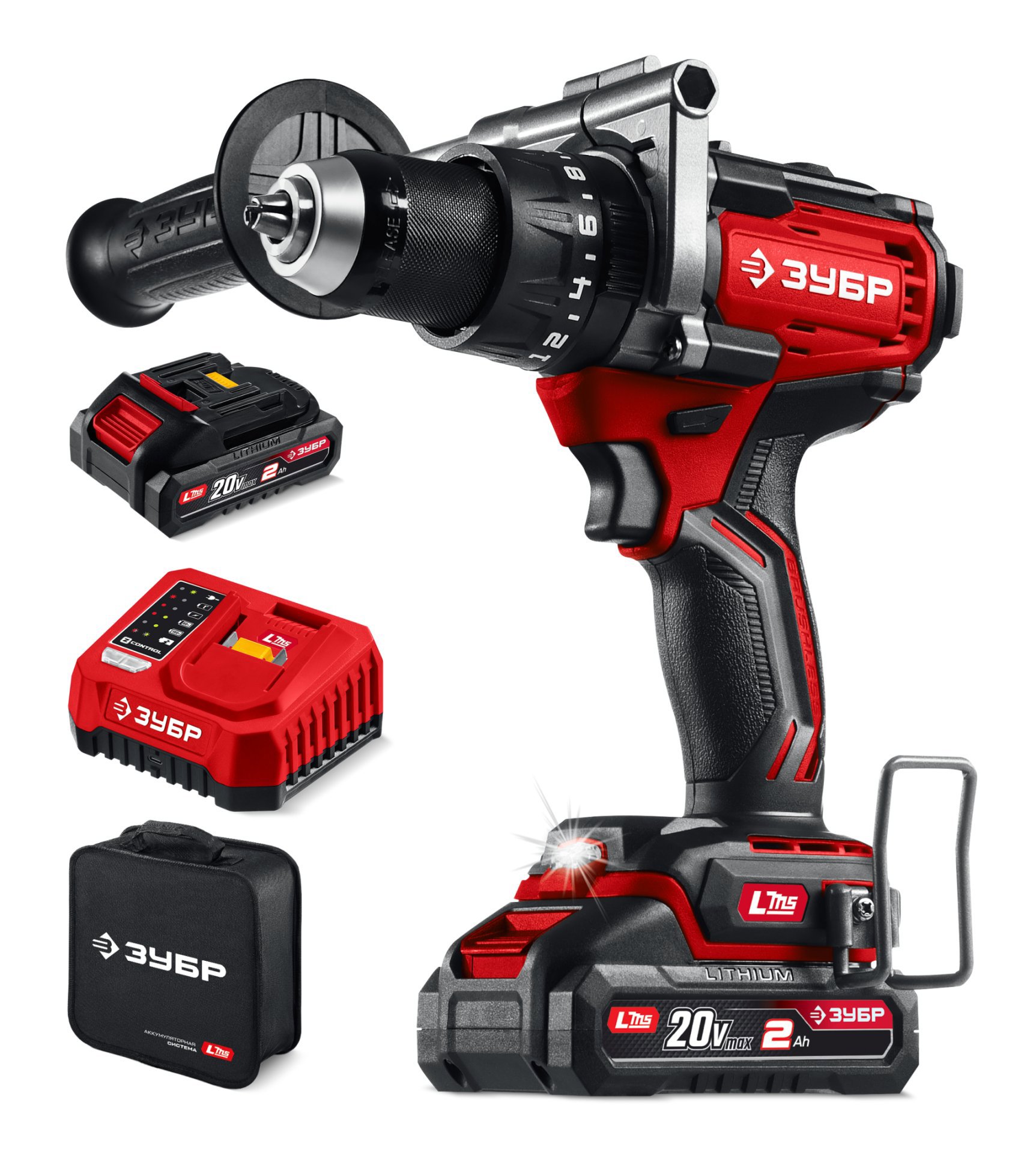 Изображение товара Дрель-шуруповерт аккумуляторная ударная бесщеточная Зубр ДБУ-165-22, 20 В Li-Ion 2x2 Ач