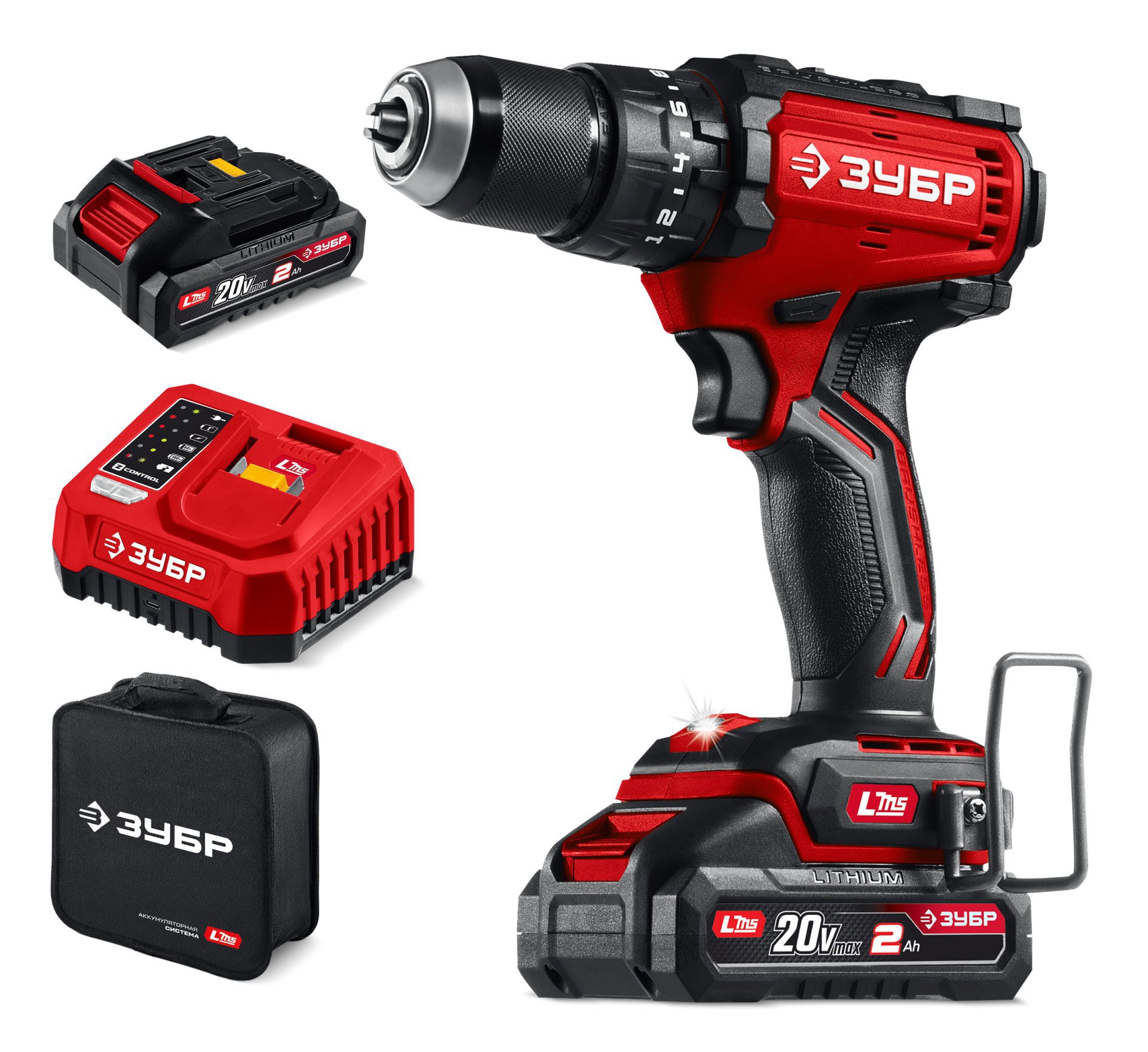 Изображение товара Дрель-шуруповерт аккумуляторная ударная бесщеточная Зубр ДБУ-65-22, 20 В Li-Ion 2x2 Ач