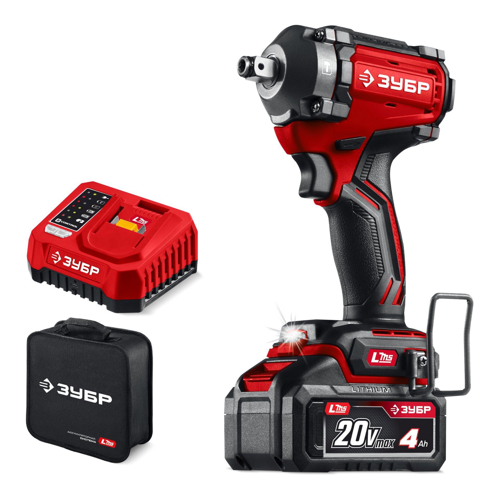 Изображение товара Гайковерт аккумуляторный бесщеточный Зубр ГБУ-350-41, 20 В Li-Ion 1x4 Ач, 350 Нм