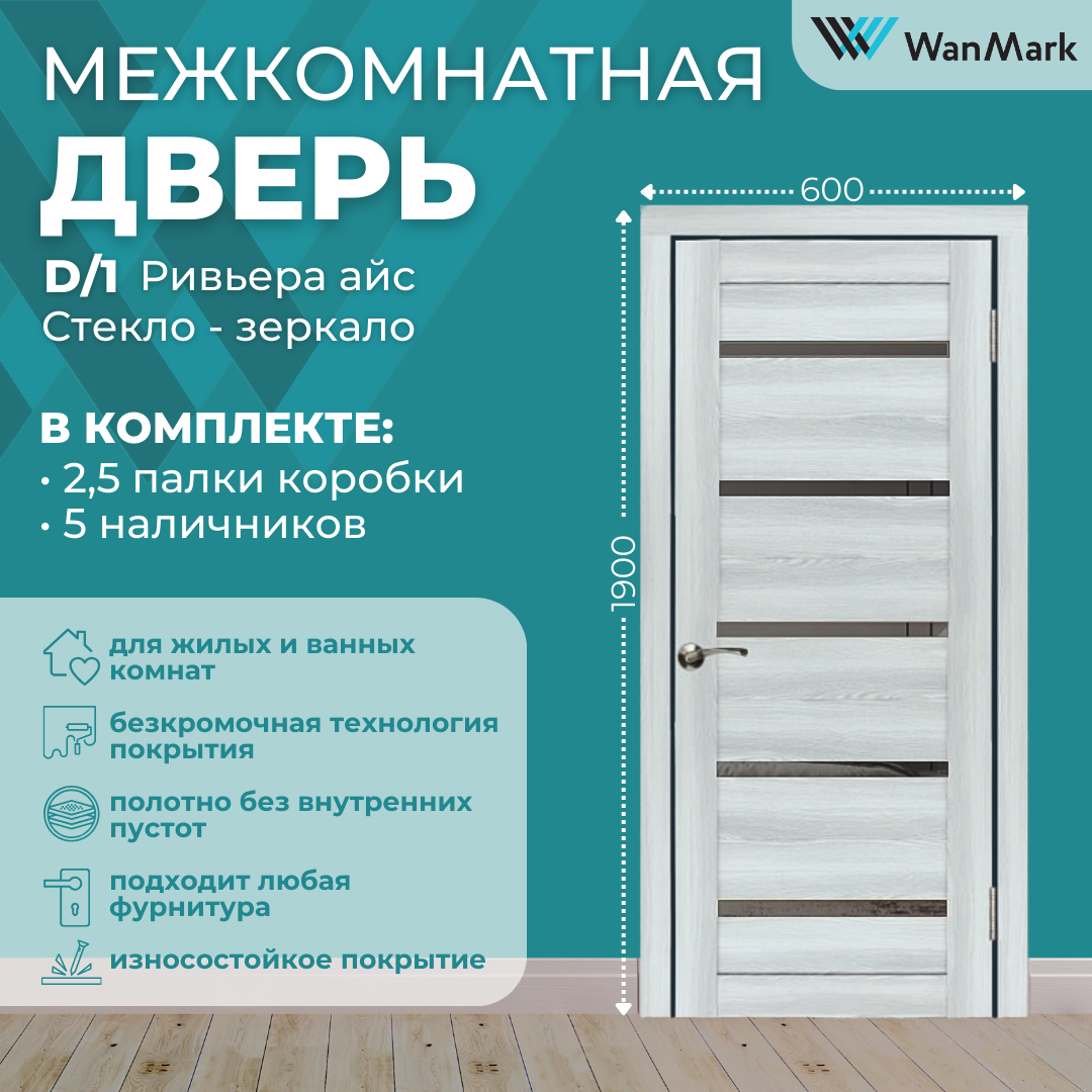 Изображение товара Межкомнатная дверь Wanmark D1 остеклённая 190x60см ПВХ цвет ясень ривьера айс