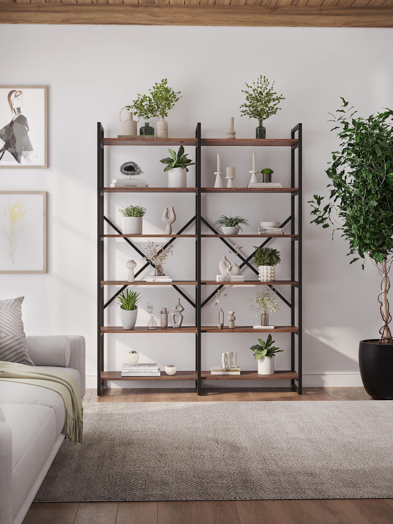 Изображение товара Стеллаж A1 home Bruno double 6 полок 134x180x34 см металл цвет американский орех