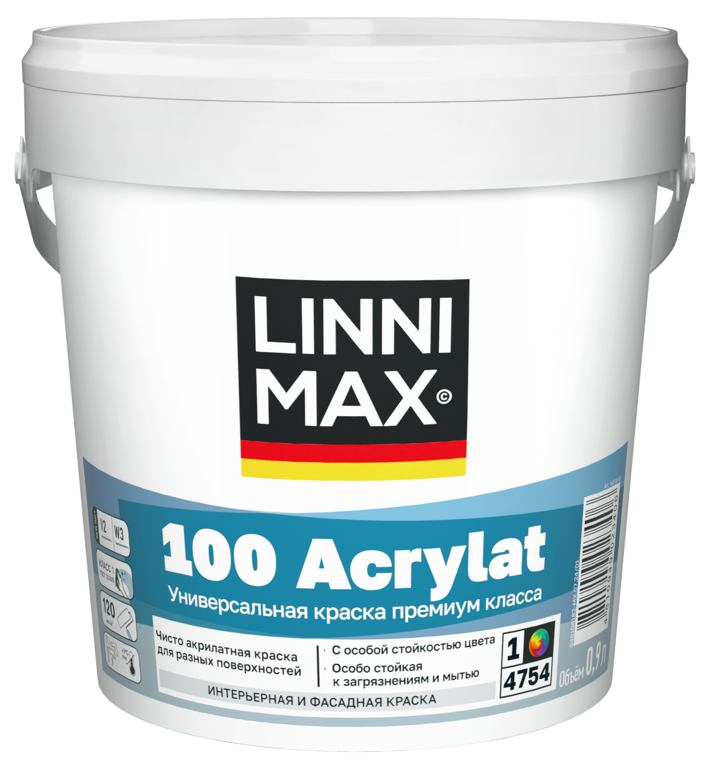 Изображение товара Краска для стен и потолков моющаяся Linnimax 100 Acrylat полуматовая цвет белый база A 0.9 л