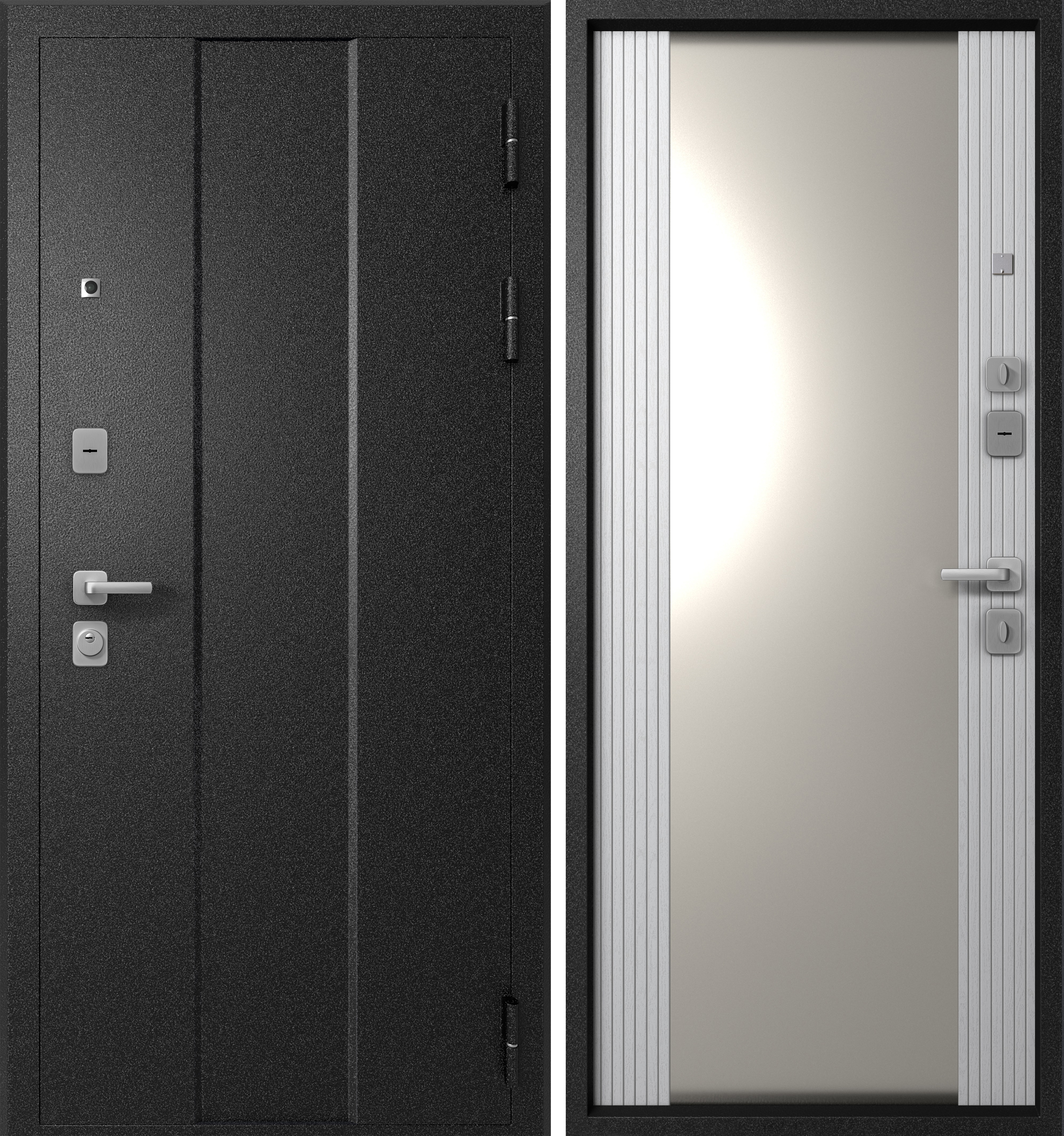 Изображение товара Входная дверь Эталон М-5 левый 205x96см цвет чёрный букле/белый снег матовый хром с зеркалом