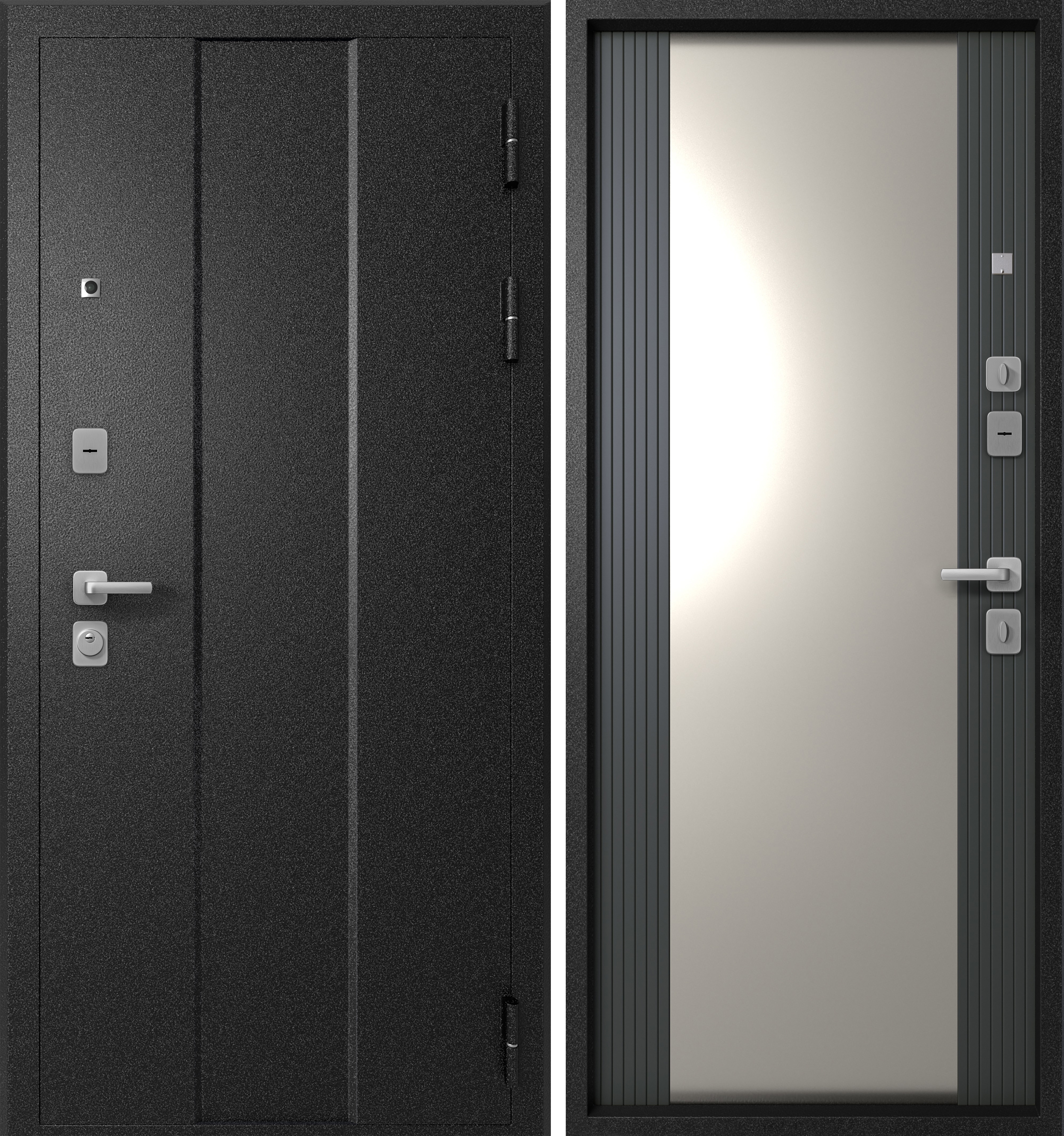Изображение товара Входная дверь Эталон М-5 правый 205x96см цвет чёрный букле/софт графит матовый хром с зеркалом