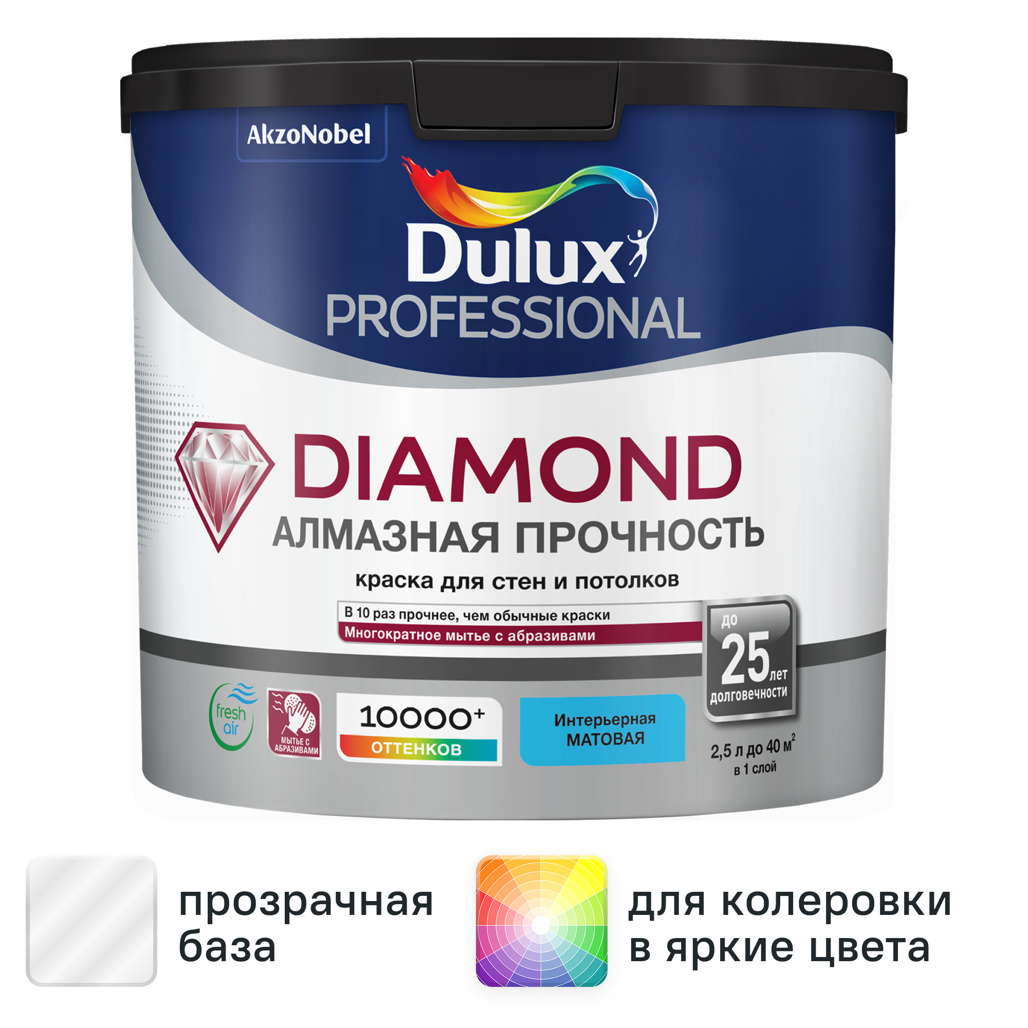 Изображение товара Краска для стен и потолков Dulux Professional Diamond Matt моющаяся матовая цвет прозрачный база BC 2.25 л