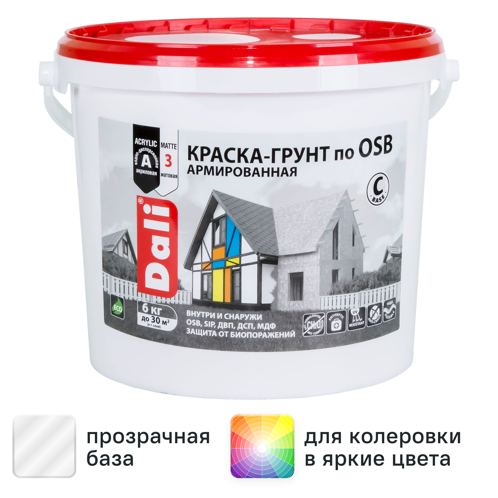 Изображение товара Краска-грунт армированная по OSB Dali матовая прозрачная База С 6 кг Изображение товара Краска-грунт армированная по OSB Dali матовая прозрачная База С 6 кг