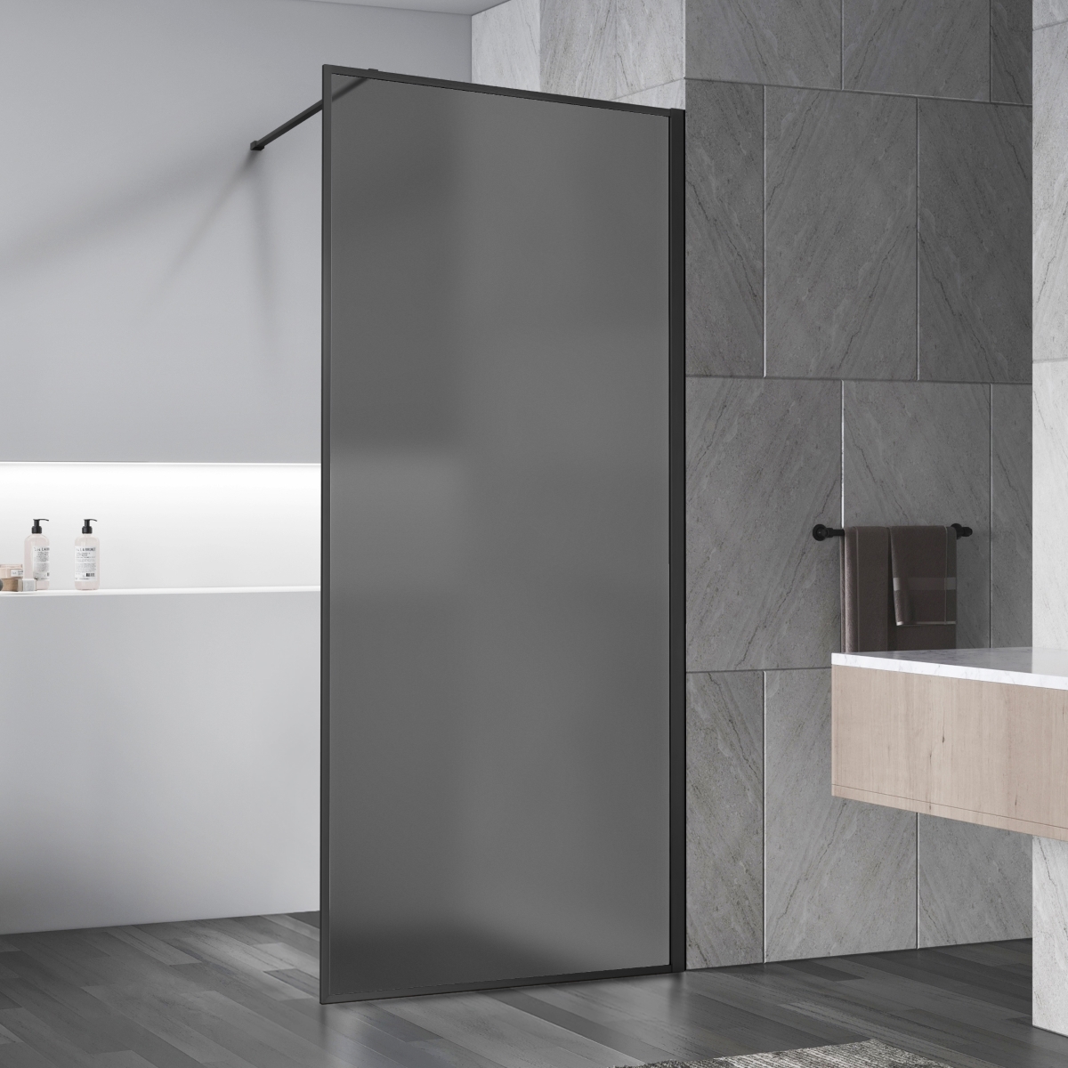 Изображение товара Душевая перегородка Vincea Walk-In VSW-1HP900GFB 90x200см черный профиль стекло матовое тонированное