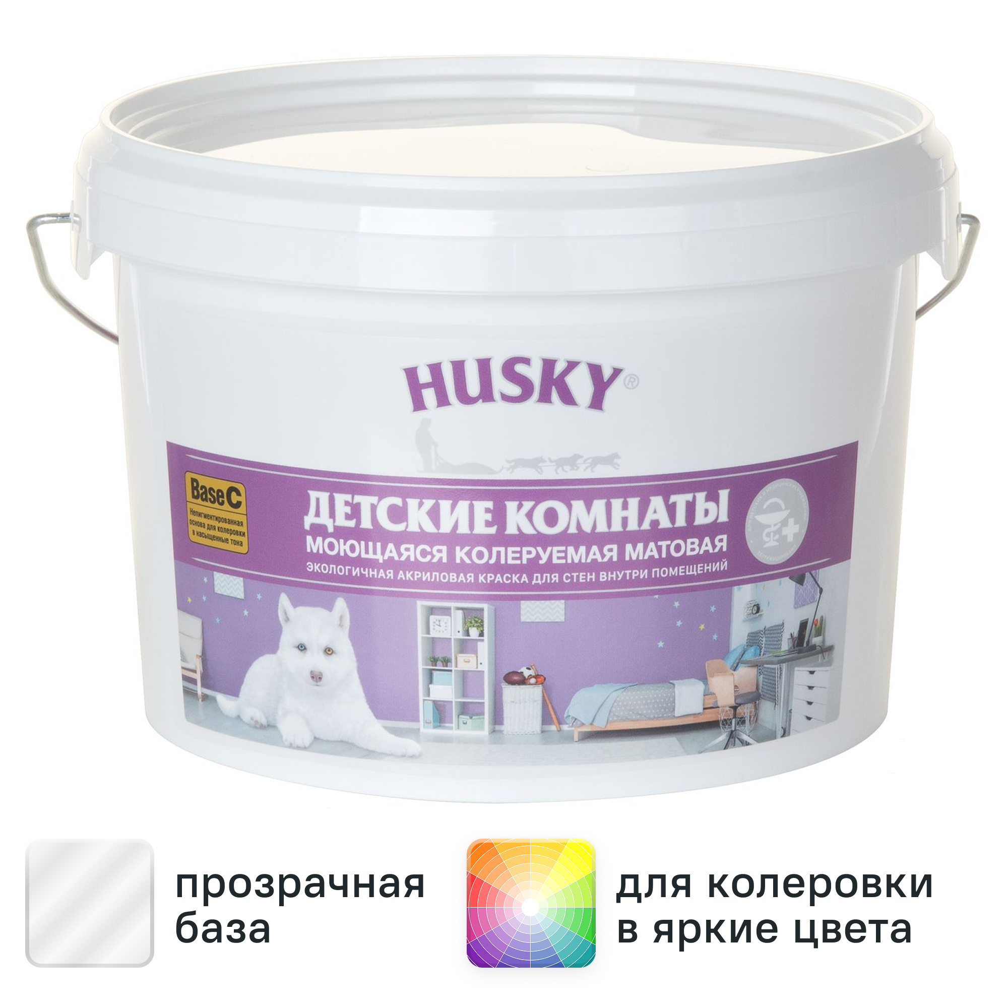 Изображение товара Краска для детских комнат Husky моющаяся матовая прозрачная база С 2.5 л