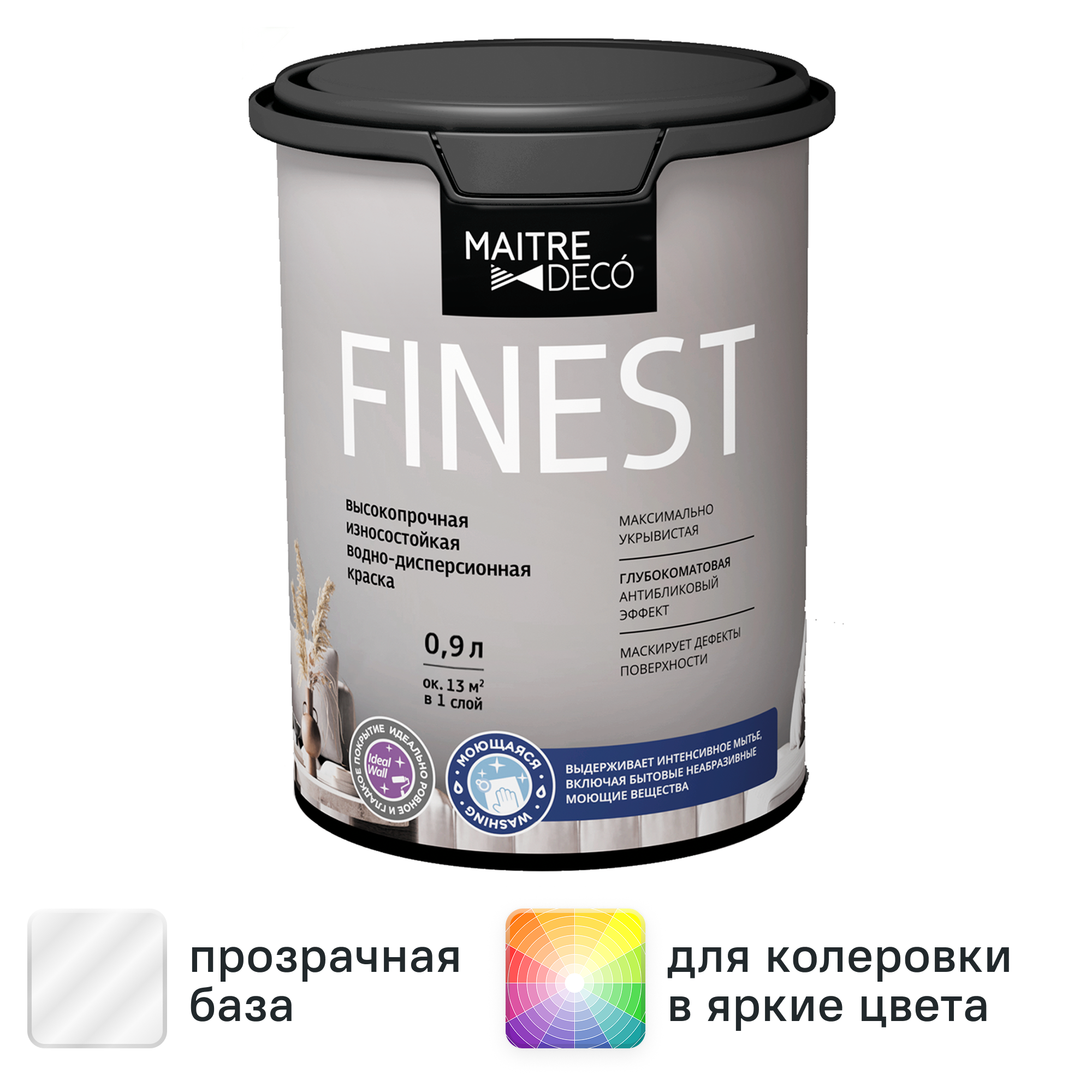 Изображение товара Краска для стен и потолков Maitre Deco Finest матовая прозрачная база C 0.9 л