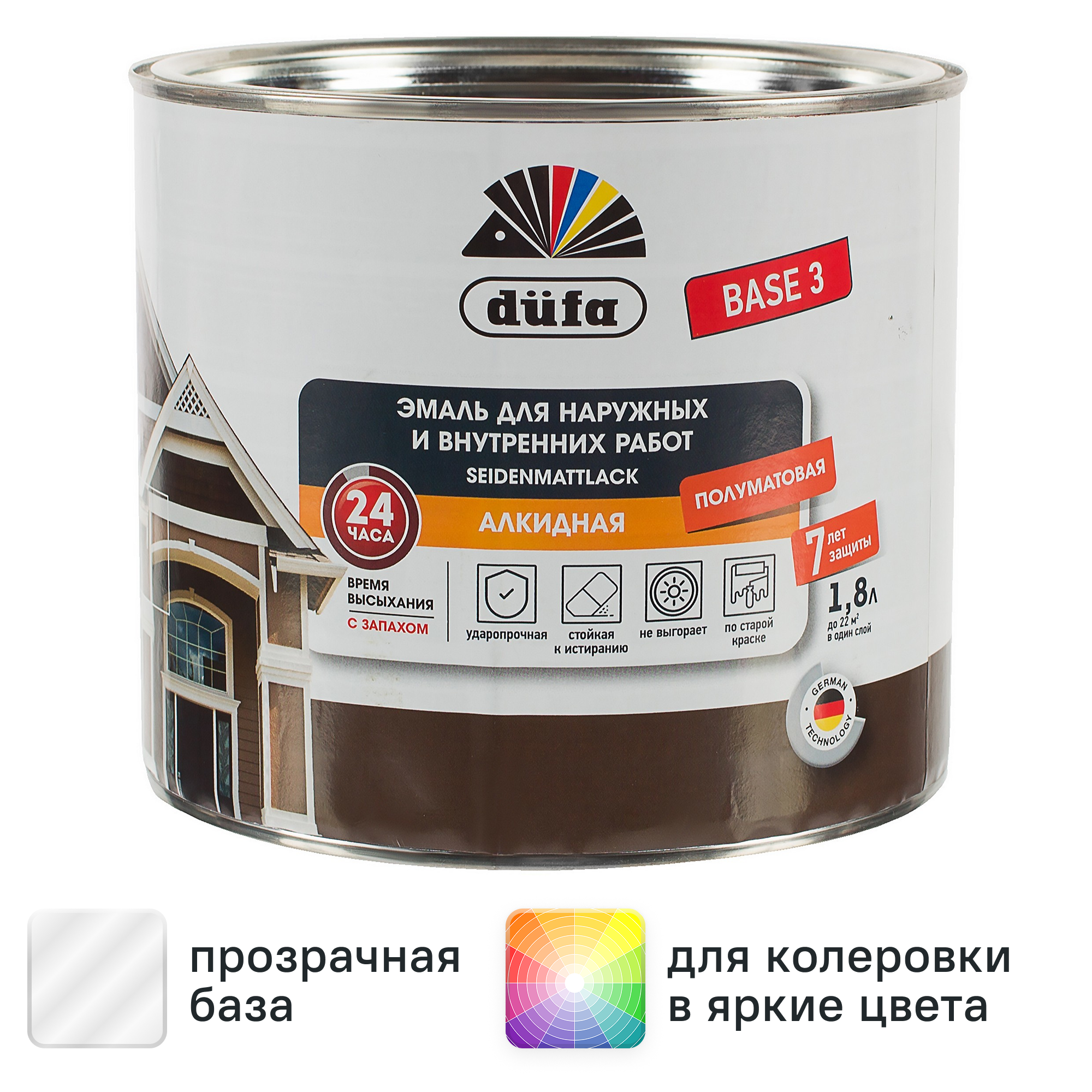 Изображение товара Эмаль Dufa Металл Дерево Пластик полуматовая прозрачная база 3 1.8 л
