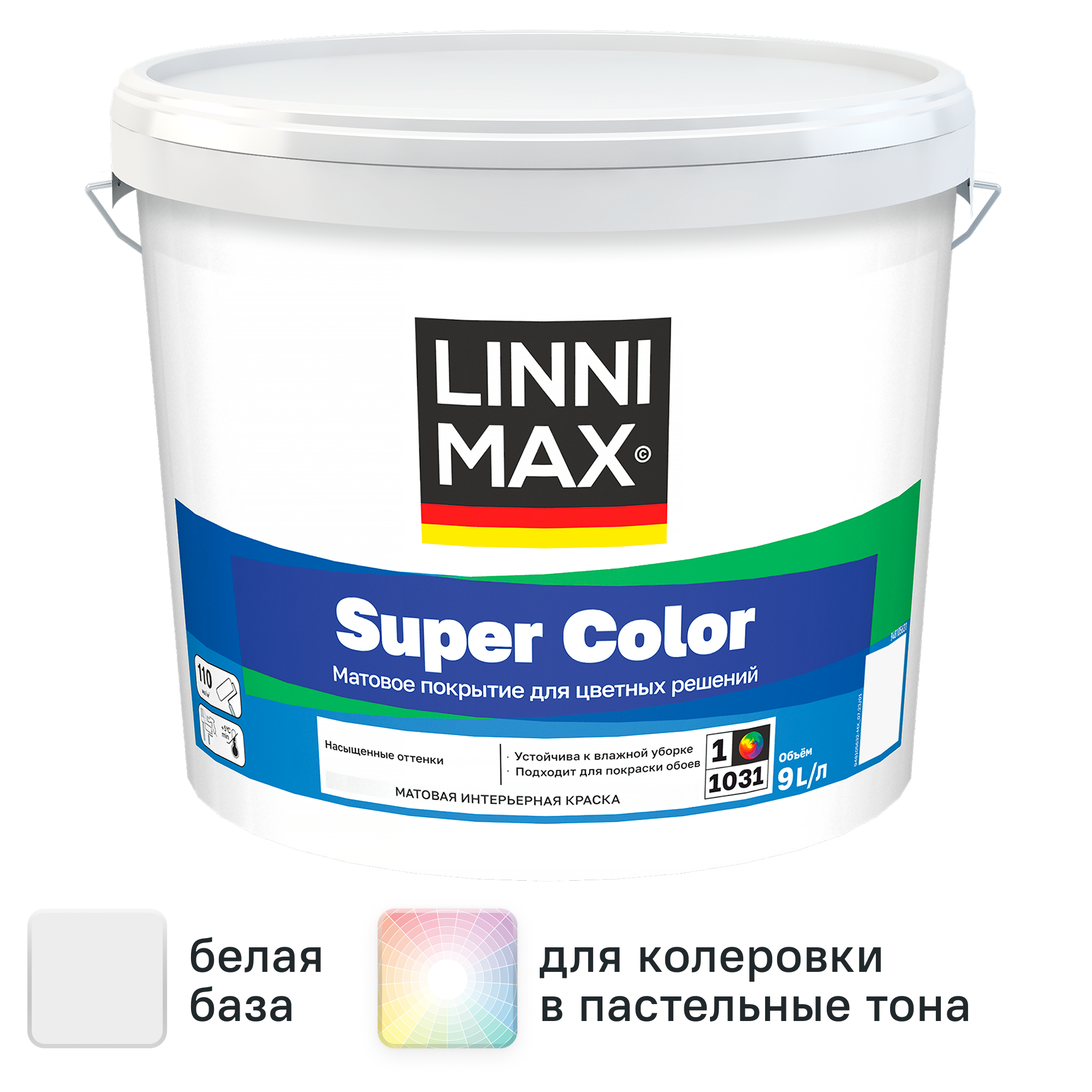 Изображение товара Водно-дисперсионная краска Linnimax Super Color матовая 9 л, влагостойкая и моющаяся