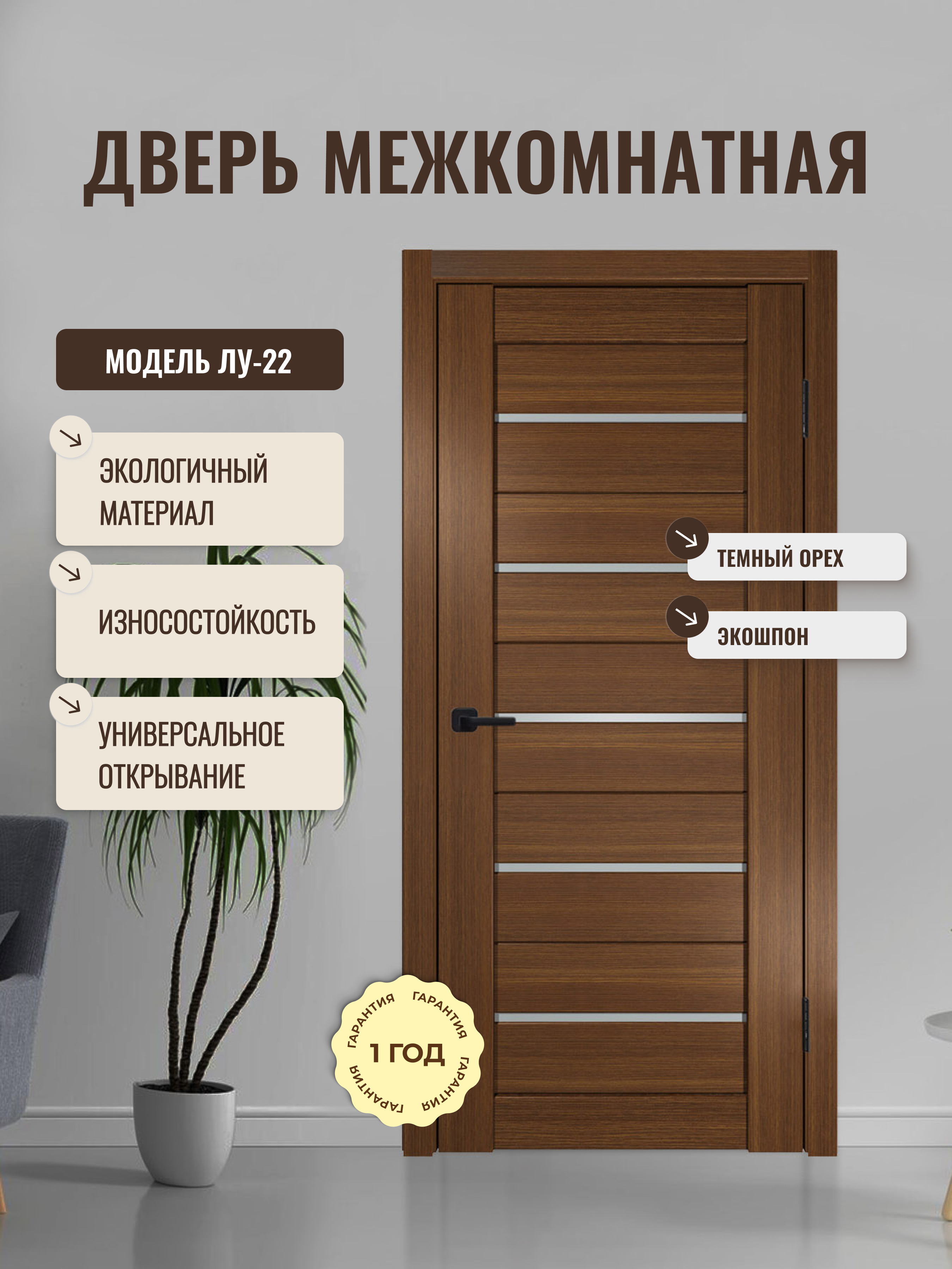 Изображение товара Межкомнатная дверь Дверипро Лу-22 остеклённая 190x55см ПВХ цвет темный орех
