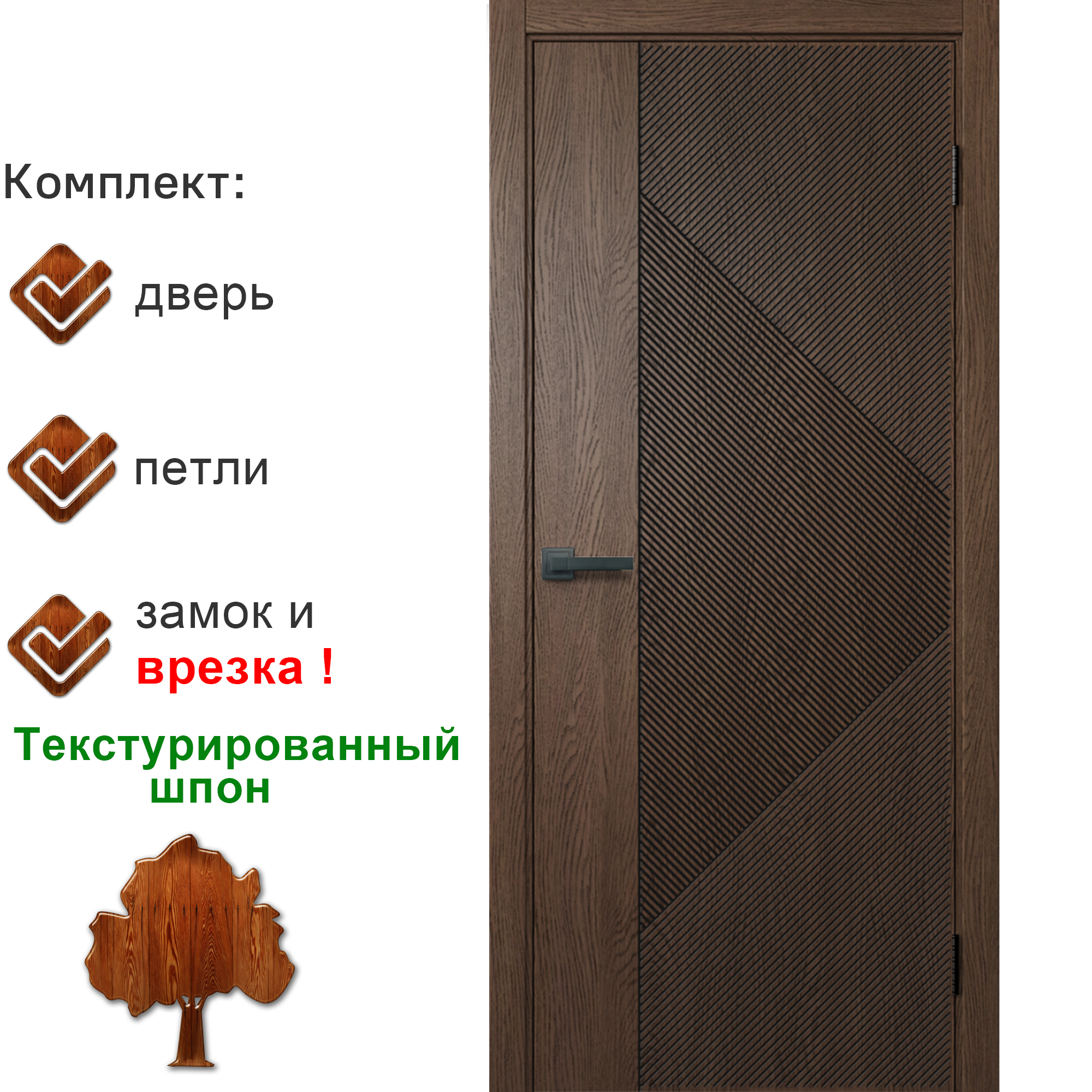 Изображение товара Дверь межкомнатная Wanmark Синди-13 глухая 90x200см шпон цвет орех текстурированный с врезкой с замком и петлями